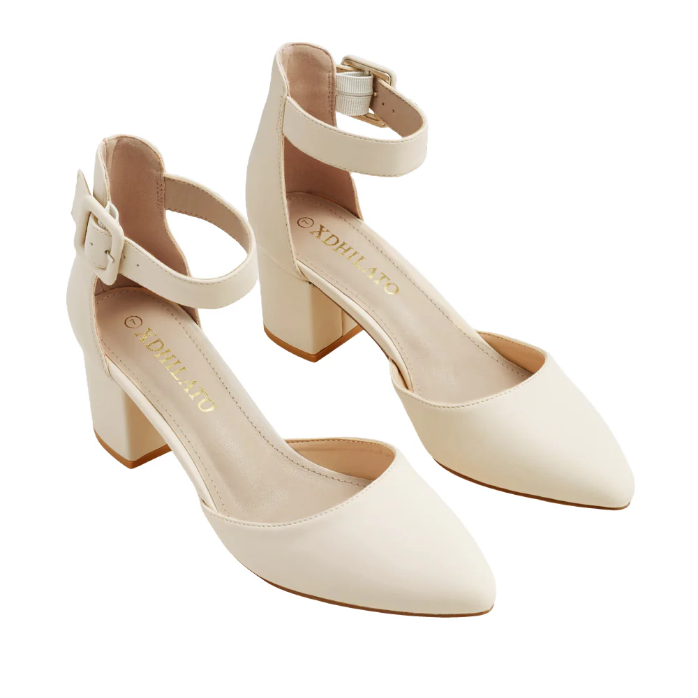 Comfortable Closed Toe Block Heels Pumps - Beige - Image 3