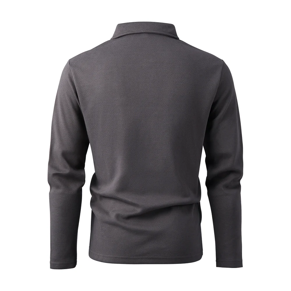 Cotton Long Sleeve Polo T-Shirt - Dark Grey - Image 3