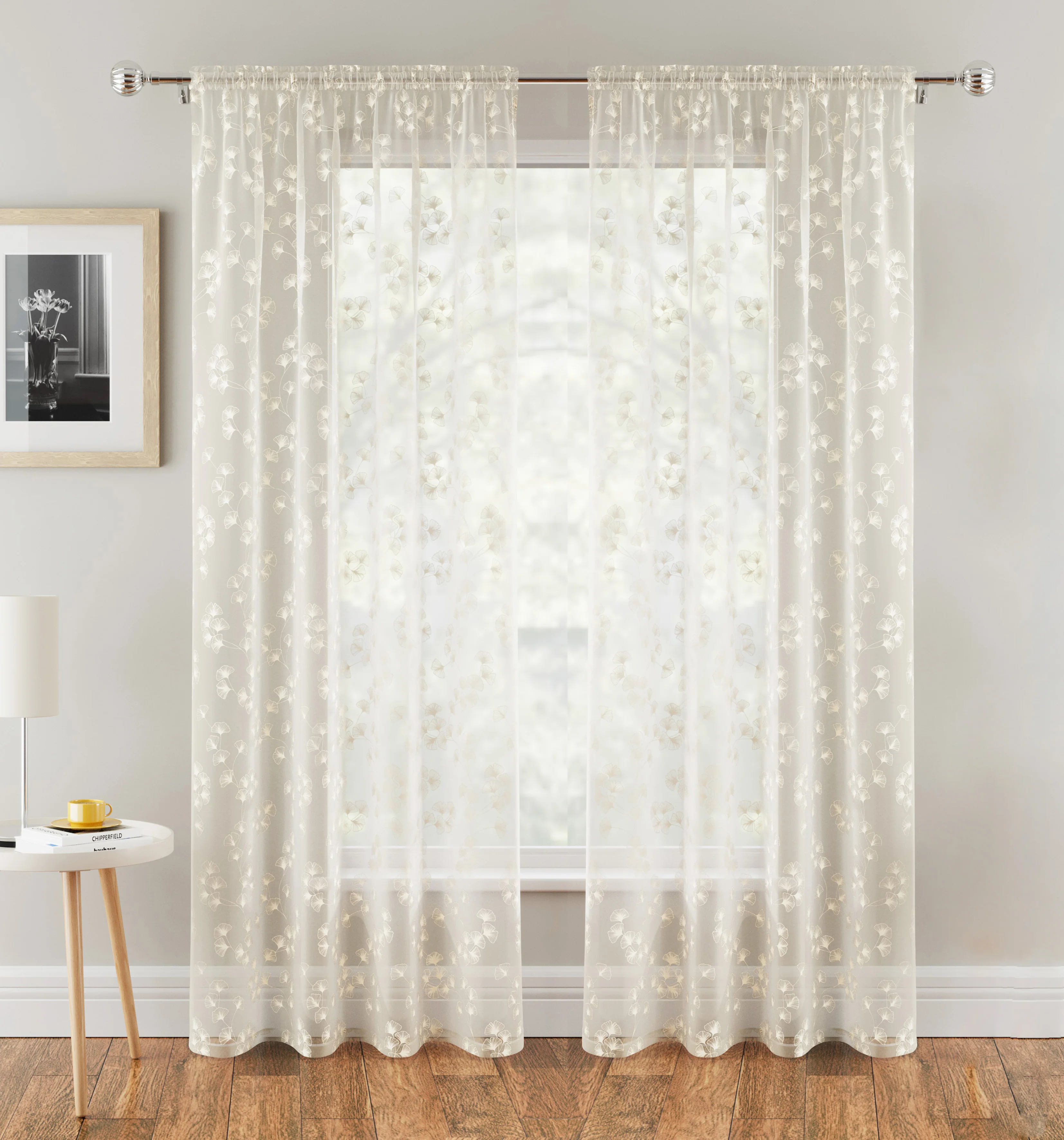 Delila Cream Leaf Print Voile Panel - Pair