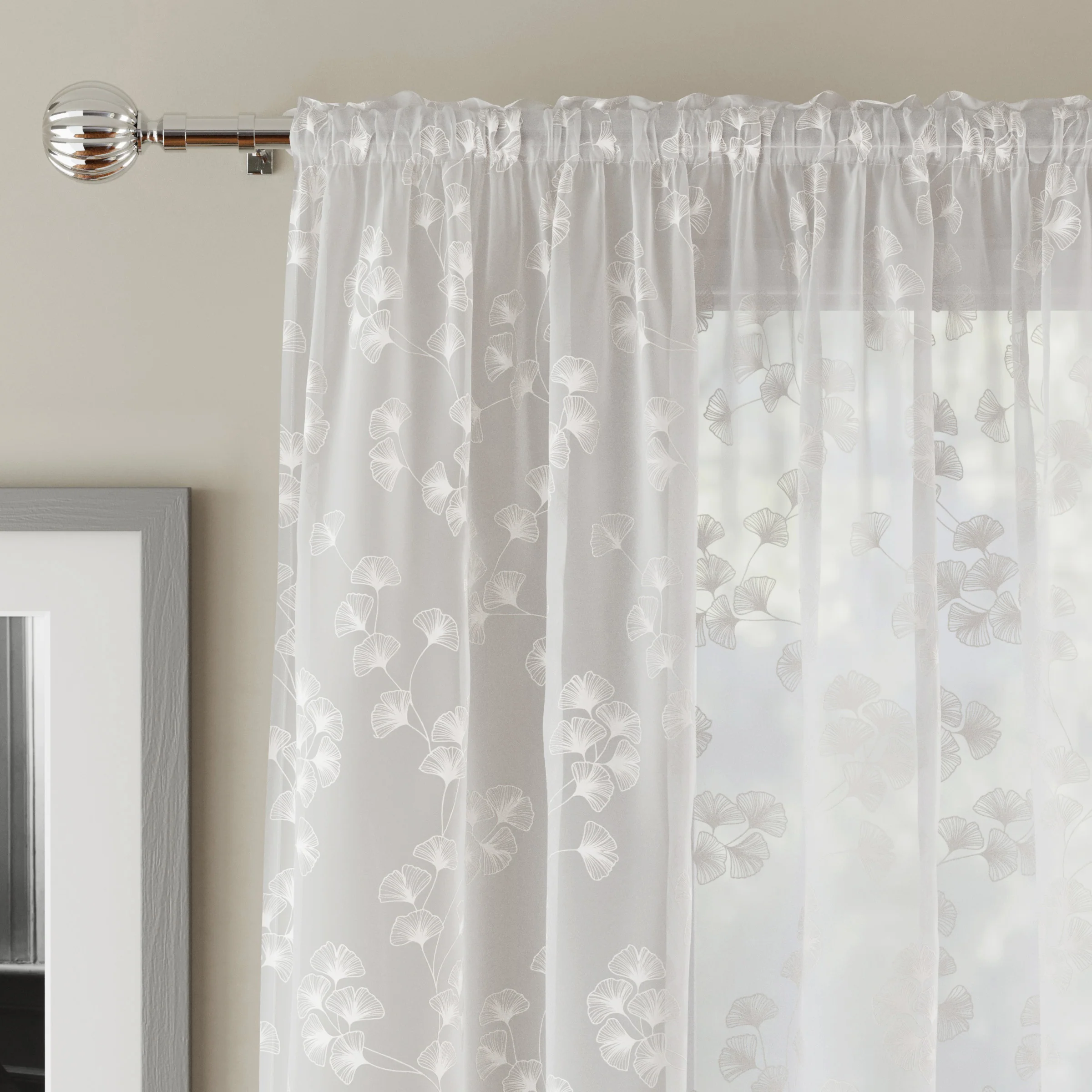 Delila White Leaf Print Voile Panel - Pair - Image 2