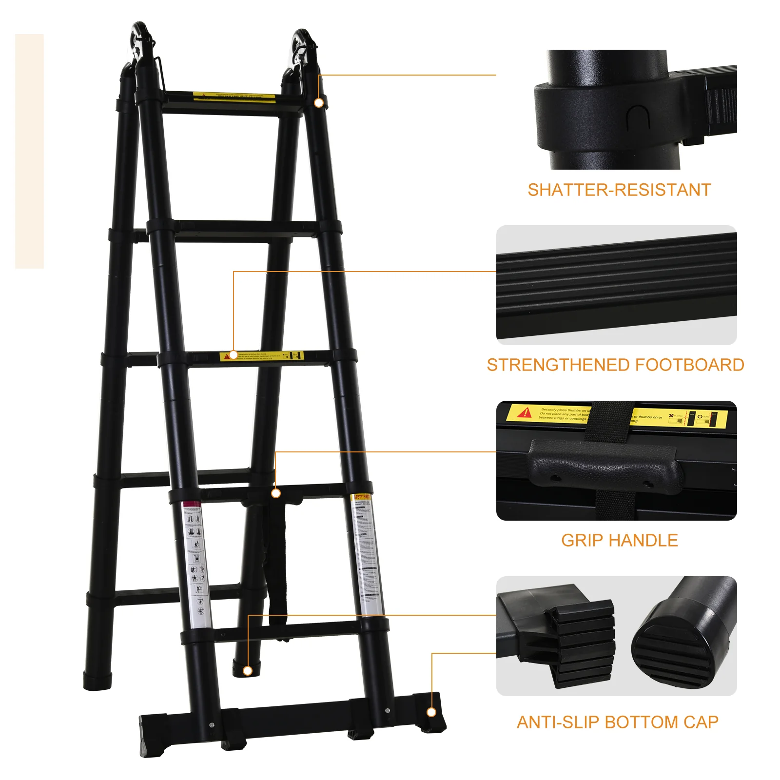 DURHAND 3.2m Extendable Aluminium Ladder, Portable 10 Step Ladder, Black - Image 6