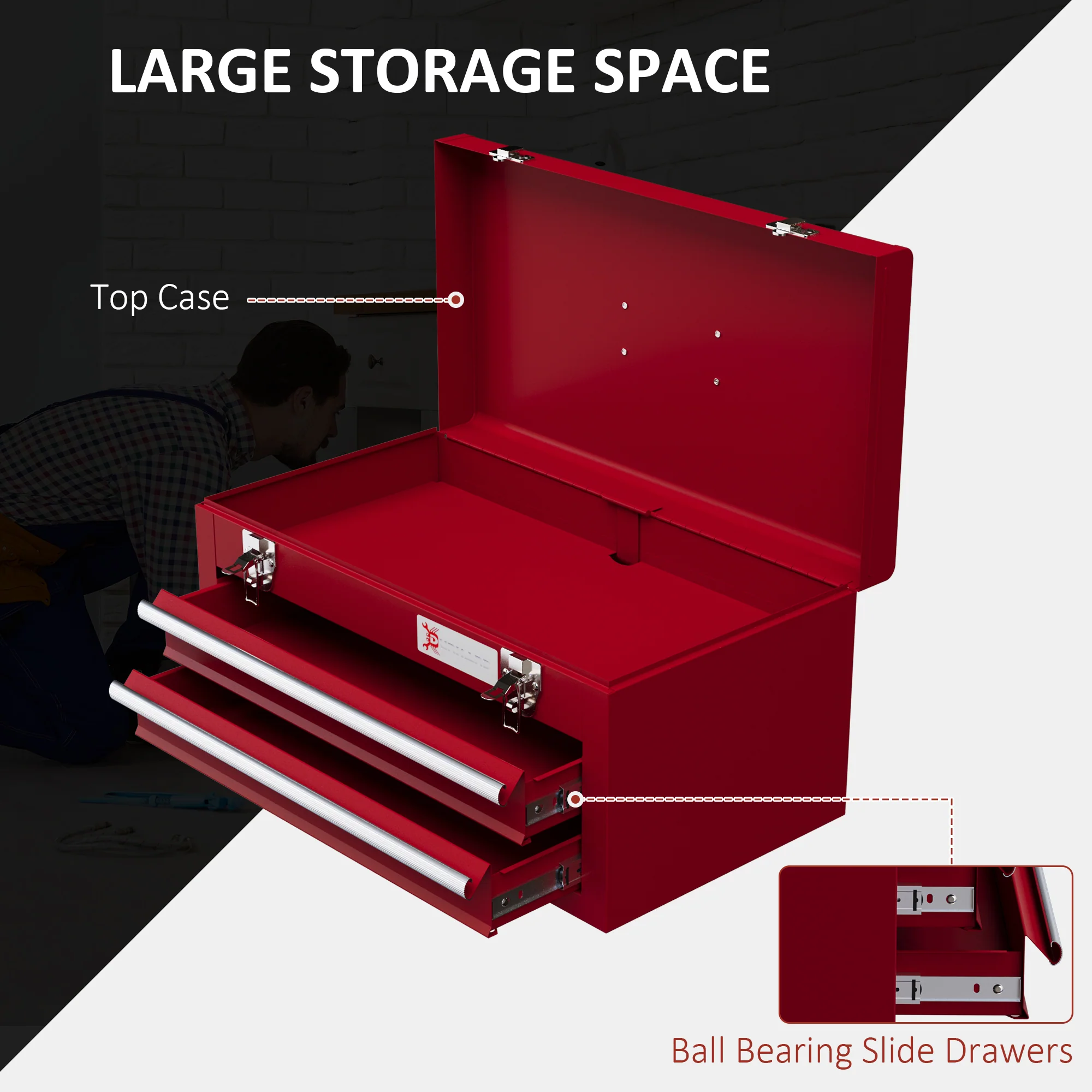 DURHAND Lockable 2 Drawer Tool Chest With Ball Bearing Slide Drawers Red - Image 4