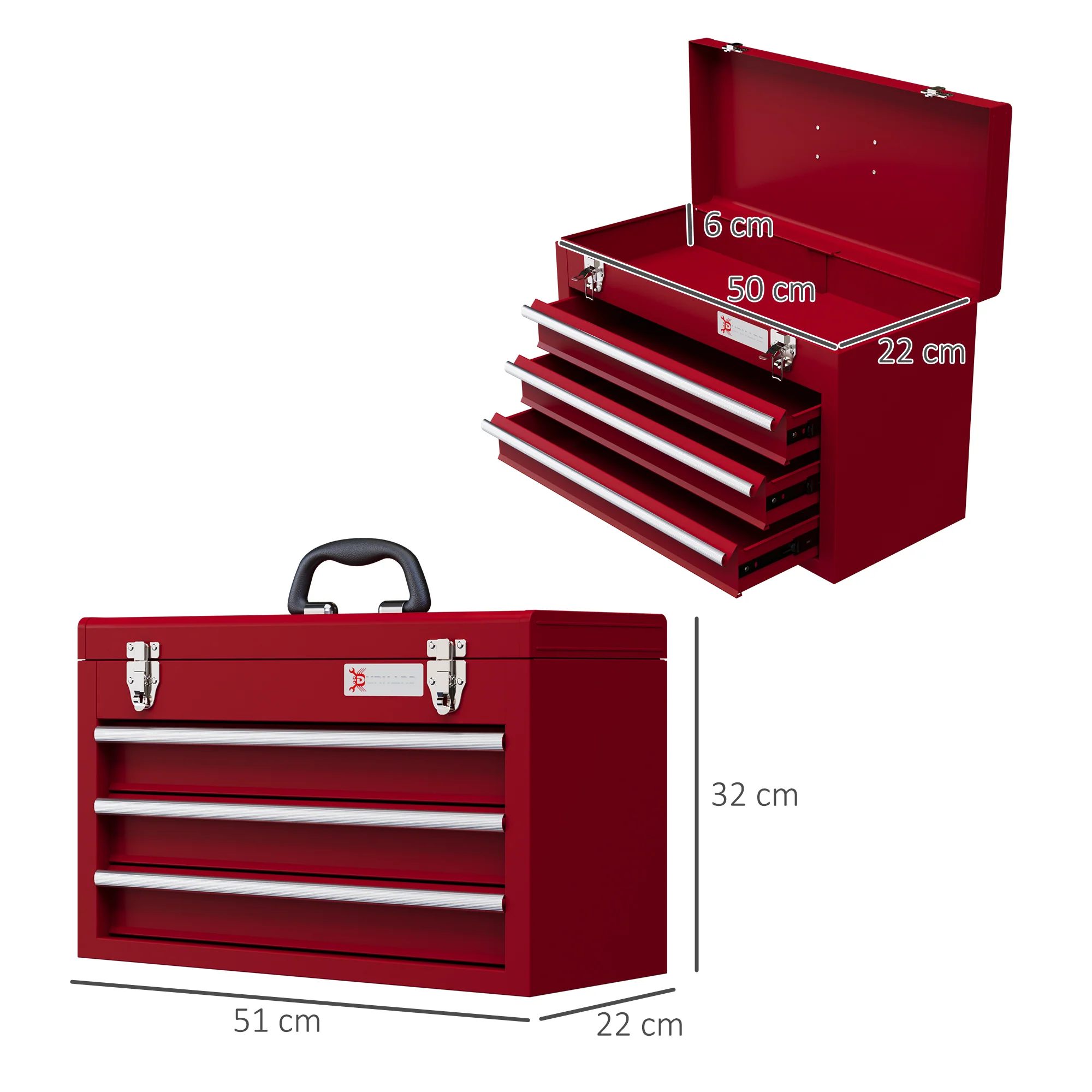 DURHAND Lockable 3 Drawer Tool Chest With Ball Bearing Slide Drawers Red - Image 5