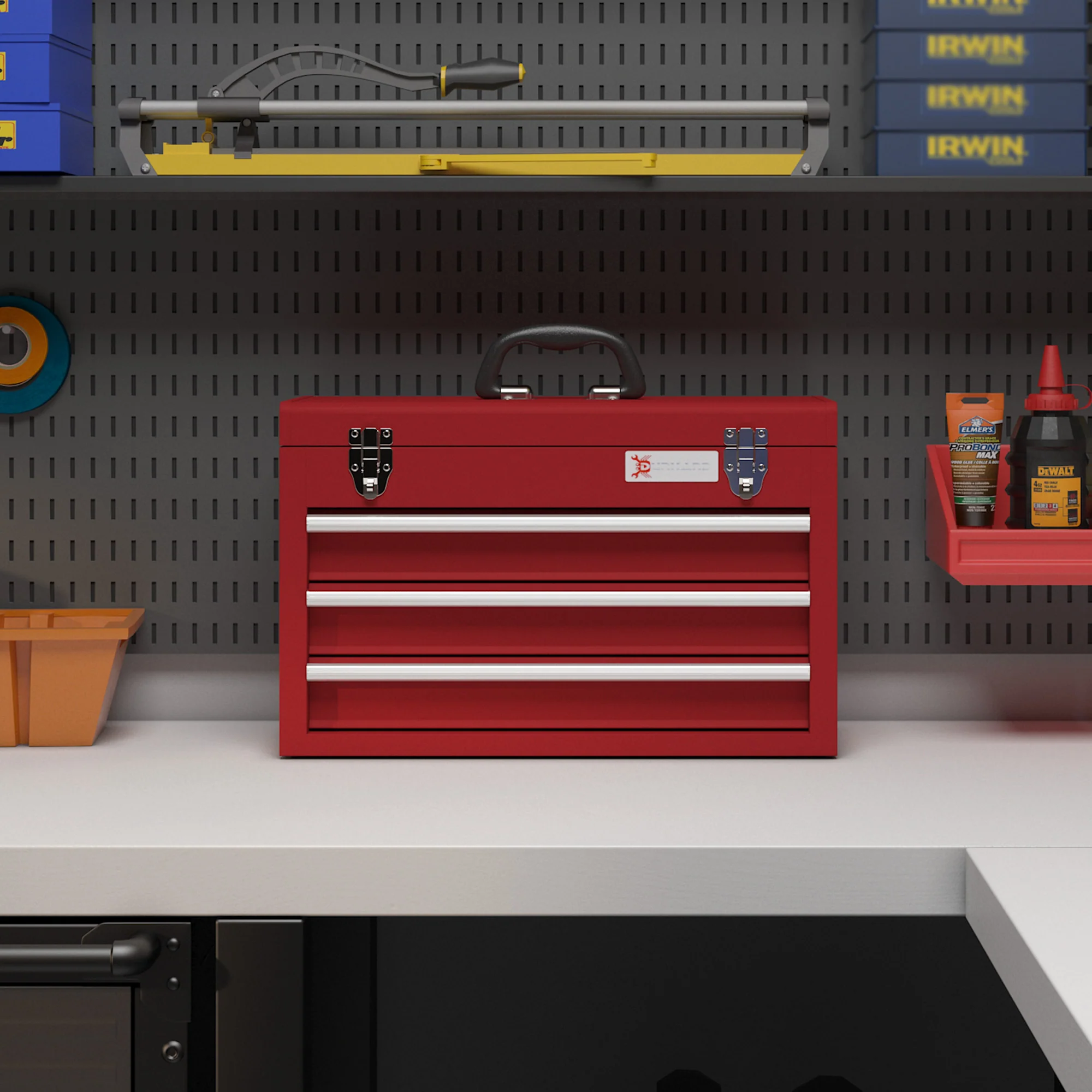 DURHAND Lockable 3 Drawer Tool Chest With Ball Bearing Slide Drawers Red - Image 6