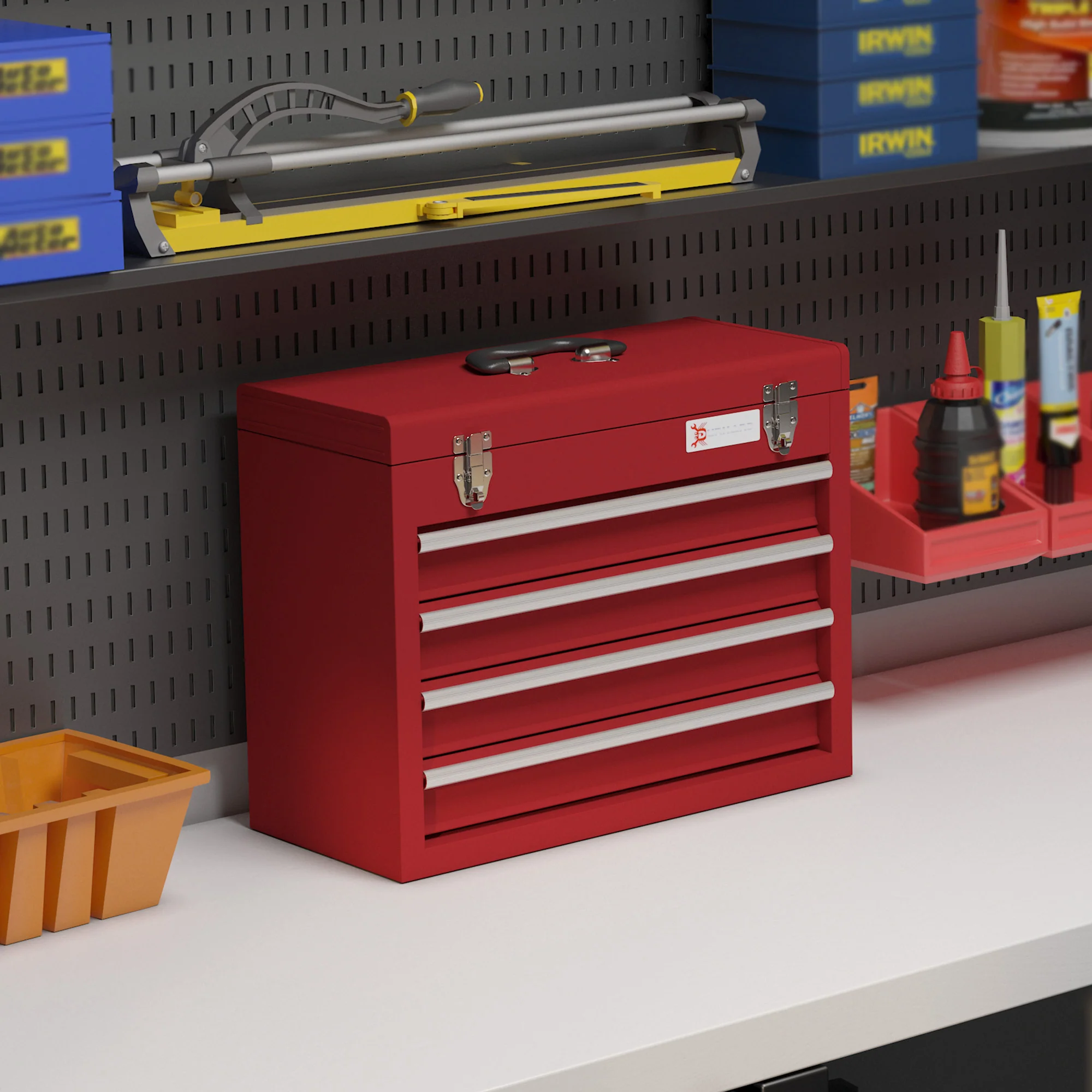 DURHAND Lockable 4 Drawer Tool Chest With Ball Bearing Slide Drawers Red - Image 2