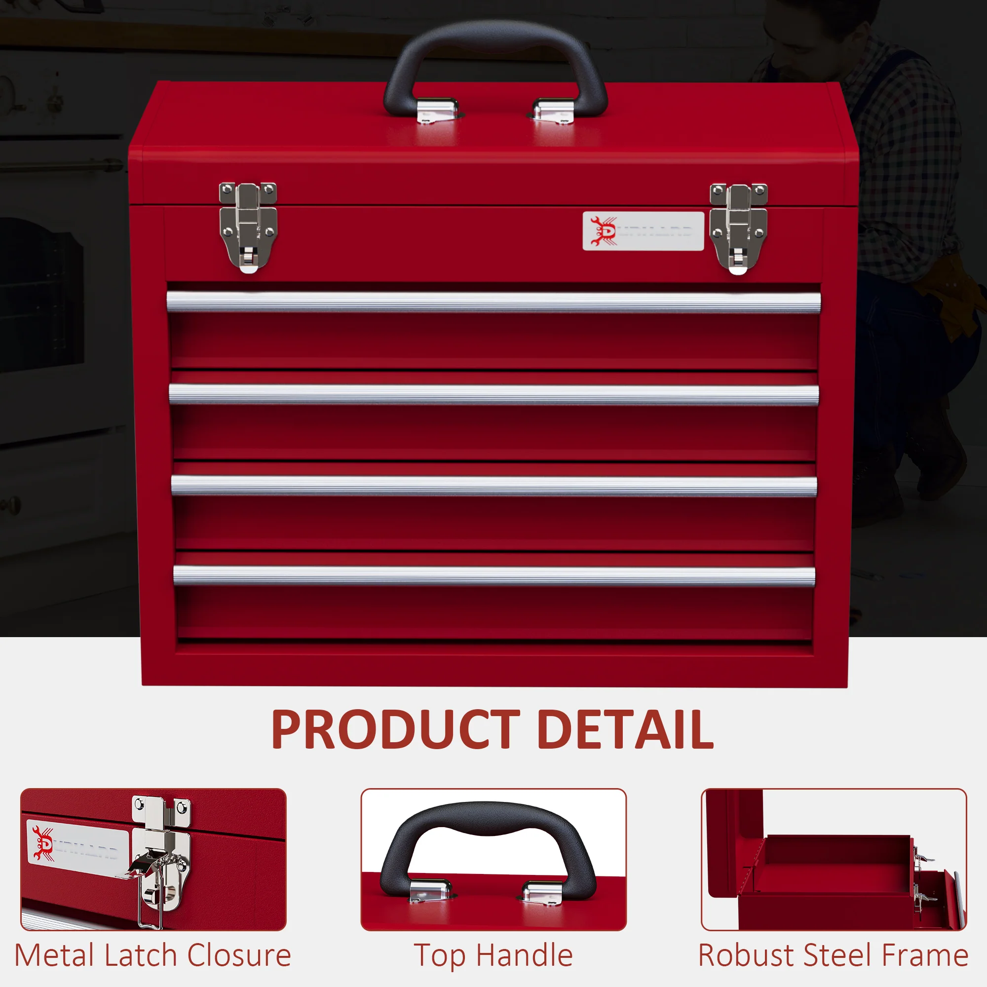 DURHAND Lockable 4 Drawer Tool Chest With Ball Bearing Slide Drawers Red - Image 3