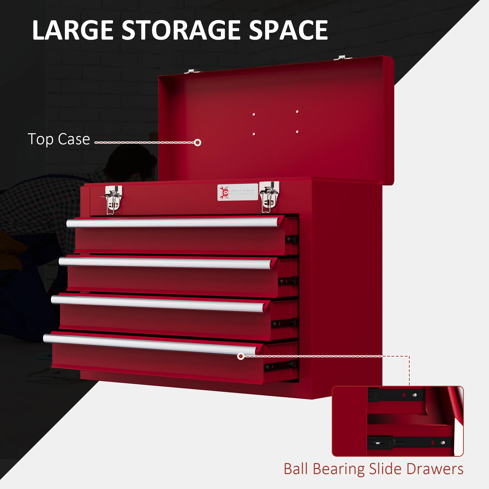 DURHAND Lockable 4 Drawer Tool Chest With Ball Bearing Slide Drawers Red - Image 4