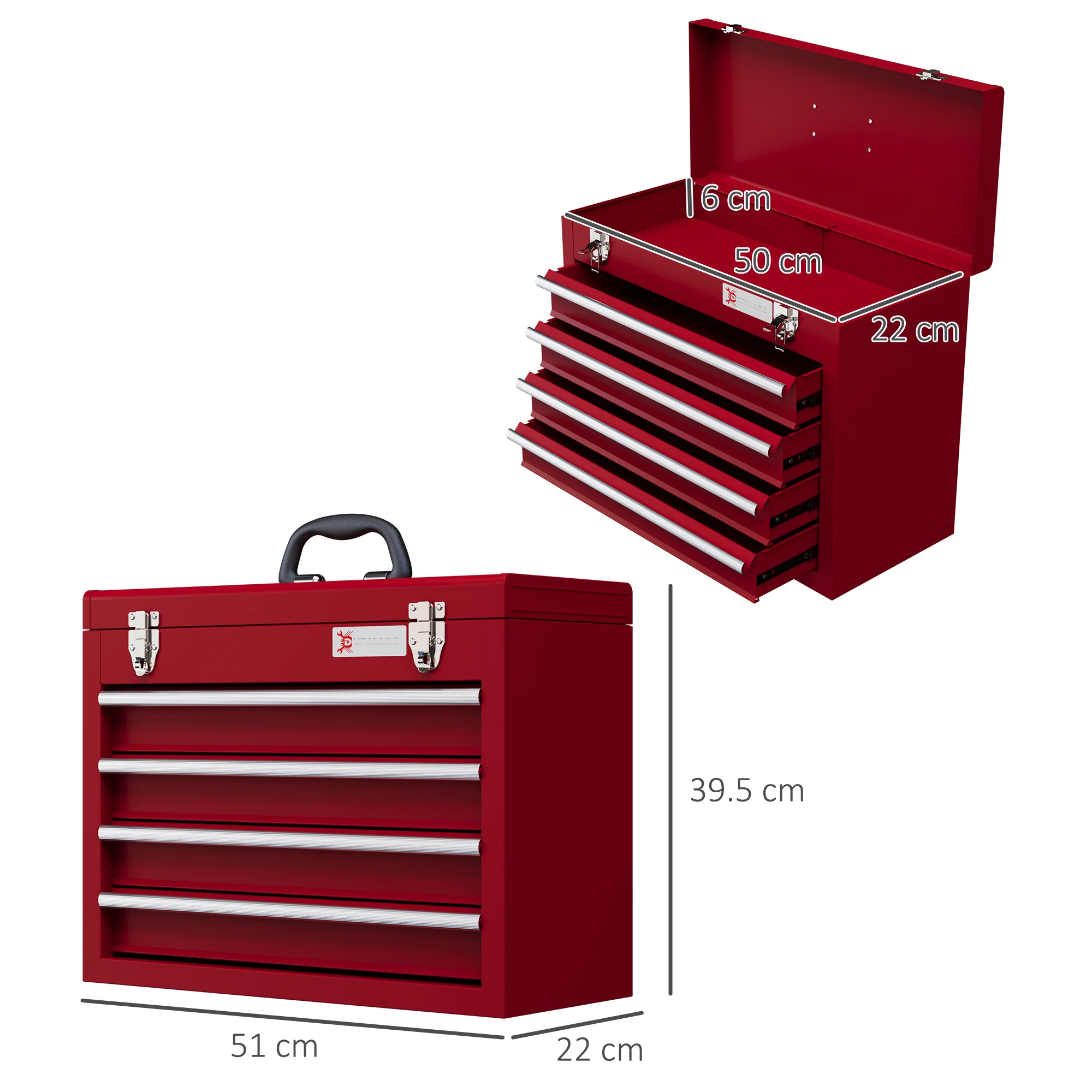DURHAND Lockable 4 Drawer Tool Chest With Ball Bearing Slide Drawers Red - Image 5