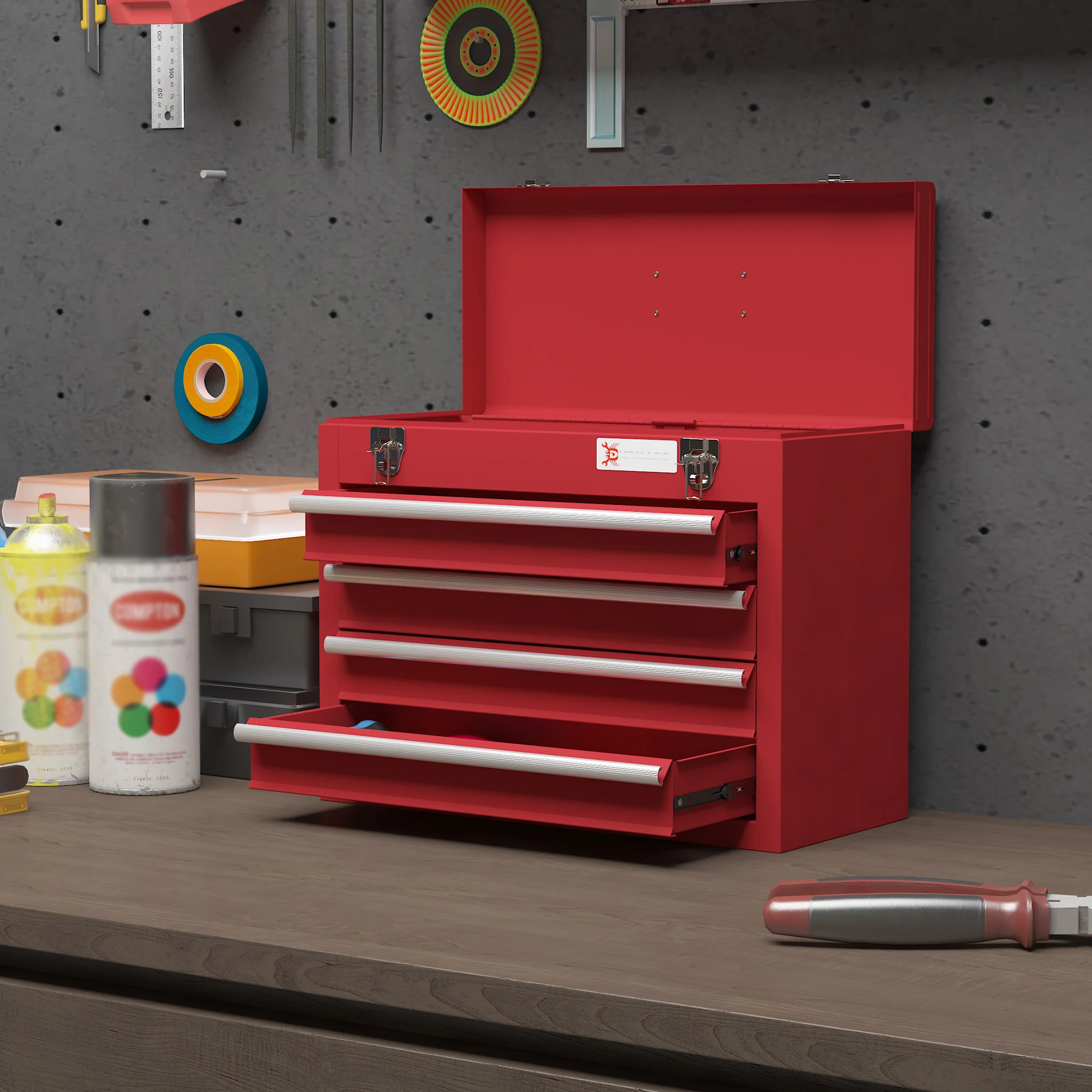 DURHAND Lockable 4 Drawer Tool Chest With Ball Bearing Slide Drawers Red - Image 7