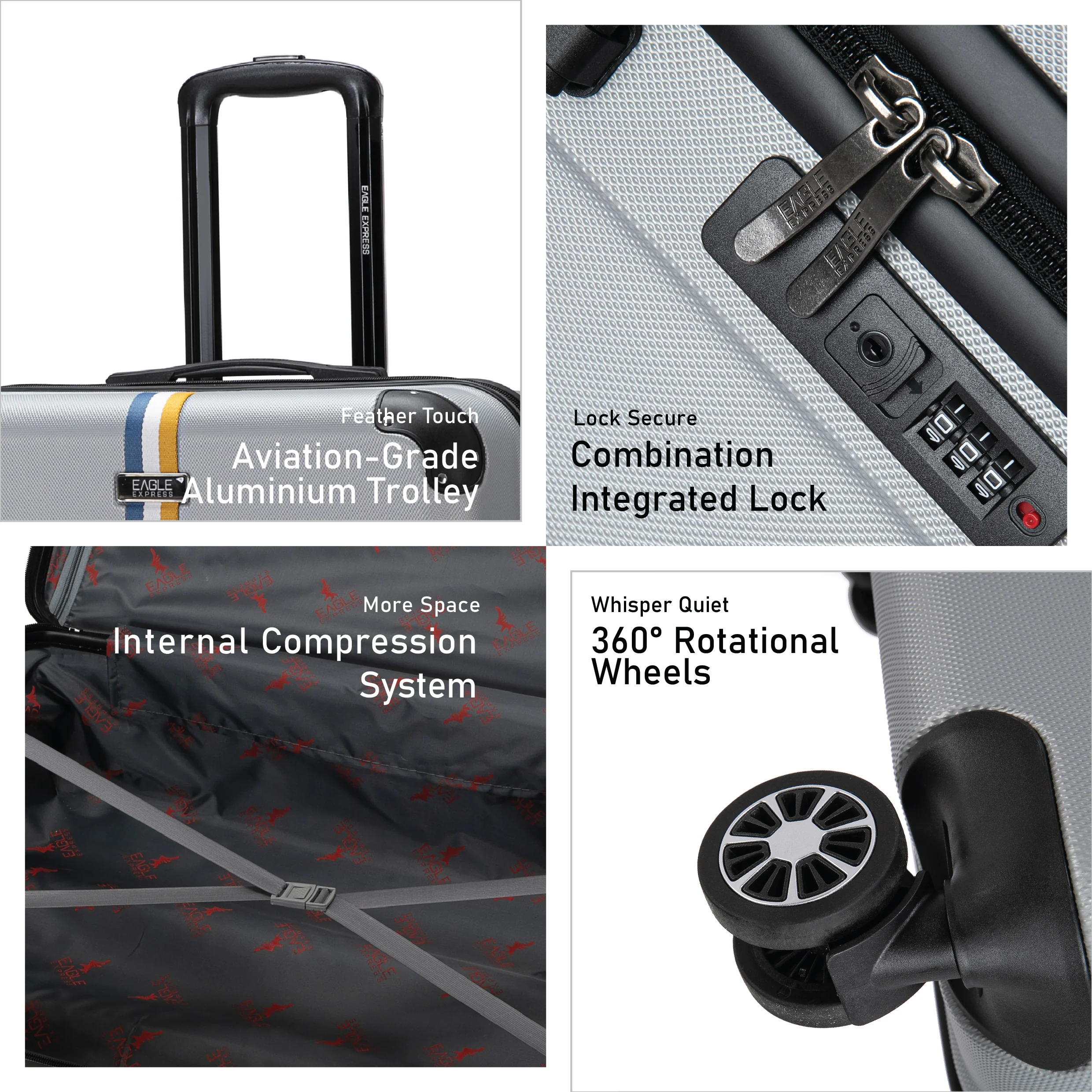 Eagle Express Big BenABS Hard Trolley Lightweight Expandable Luggage Trolley 3 Piece Set - Silver - Image 3