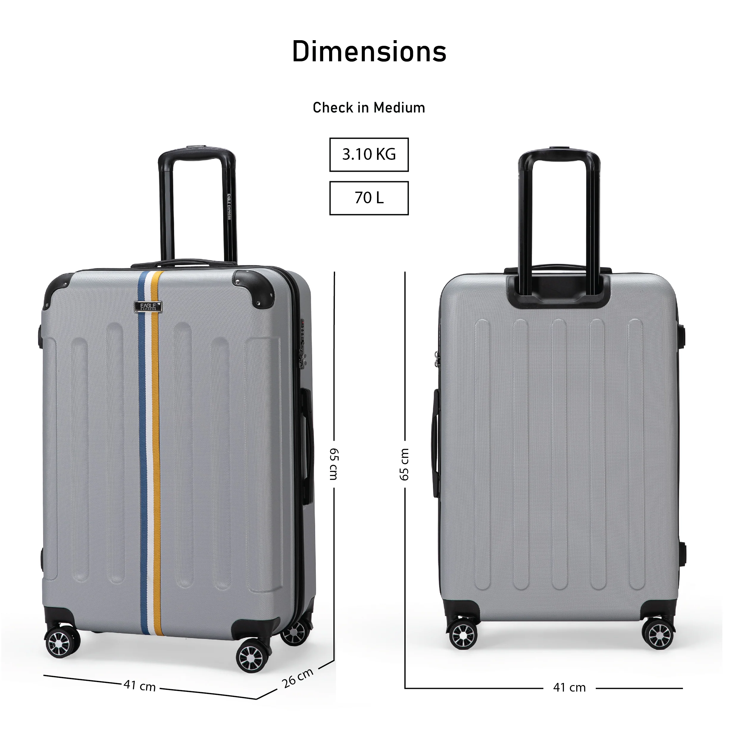 Eagle Express Big BenABS Hard Trolley Lightweight Expandable Luggage Trolley 3 Piece Set - Silver - Image 5