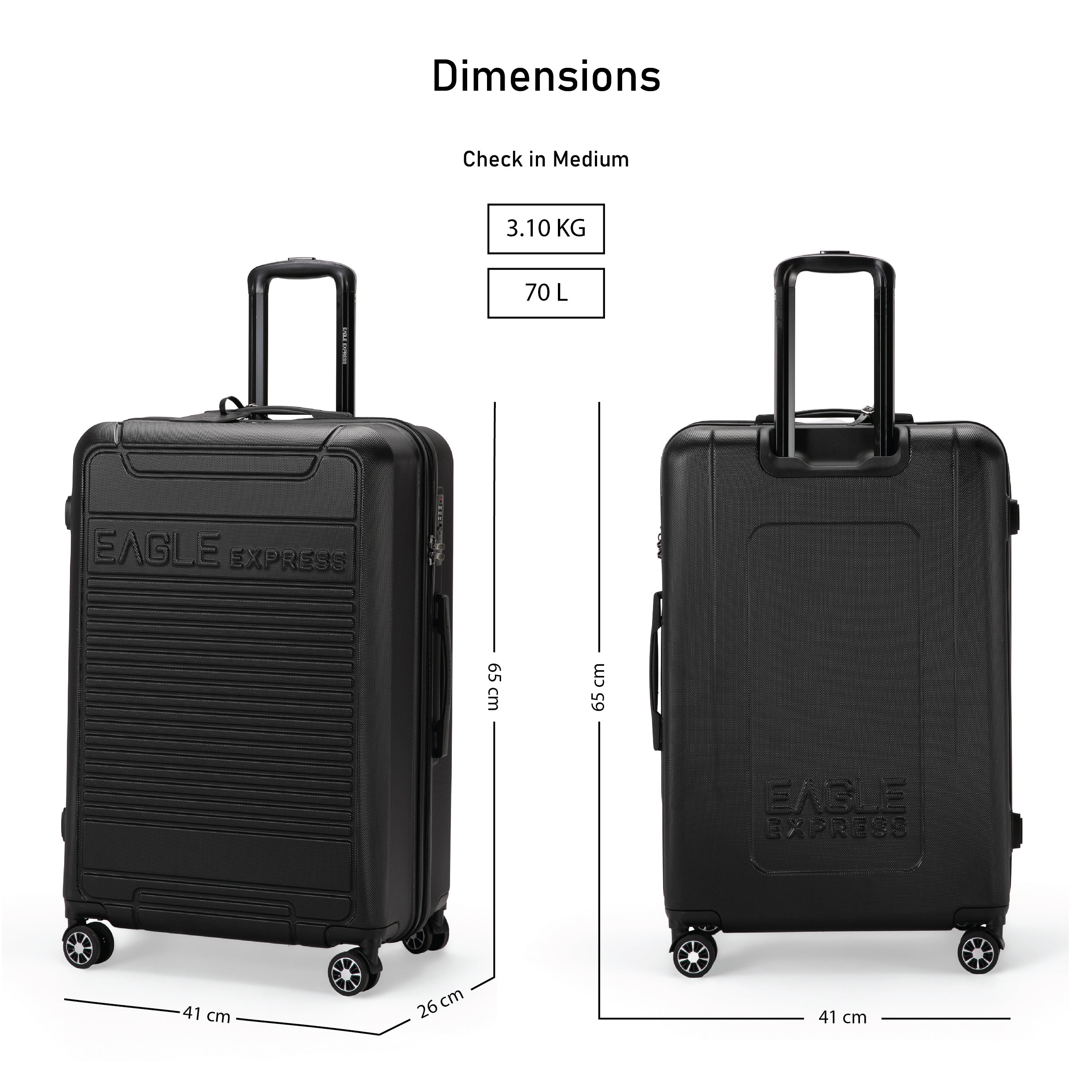 Eagle Express Defender ABS Hard Trolley Lightweight Expandable Luggage Trolley 3 Piece Set - Black - Image 8