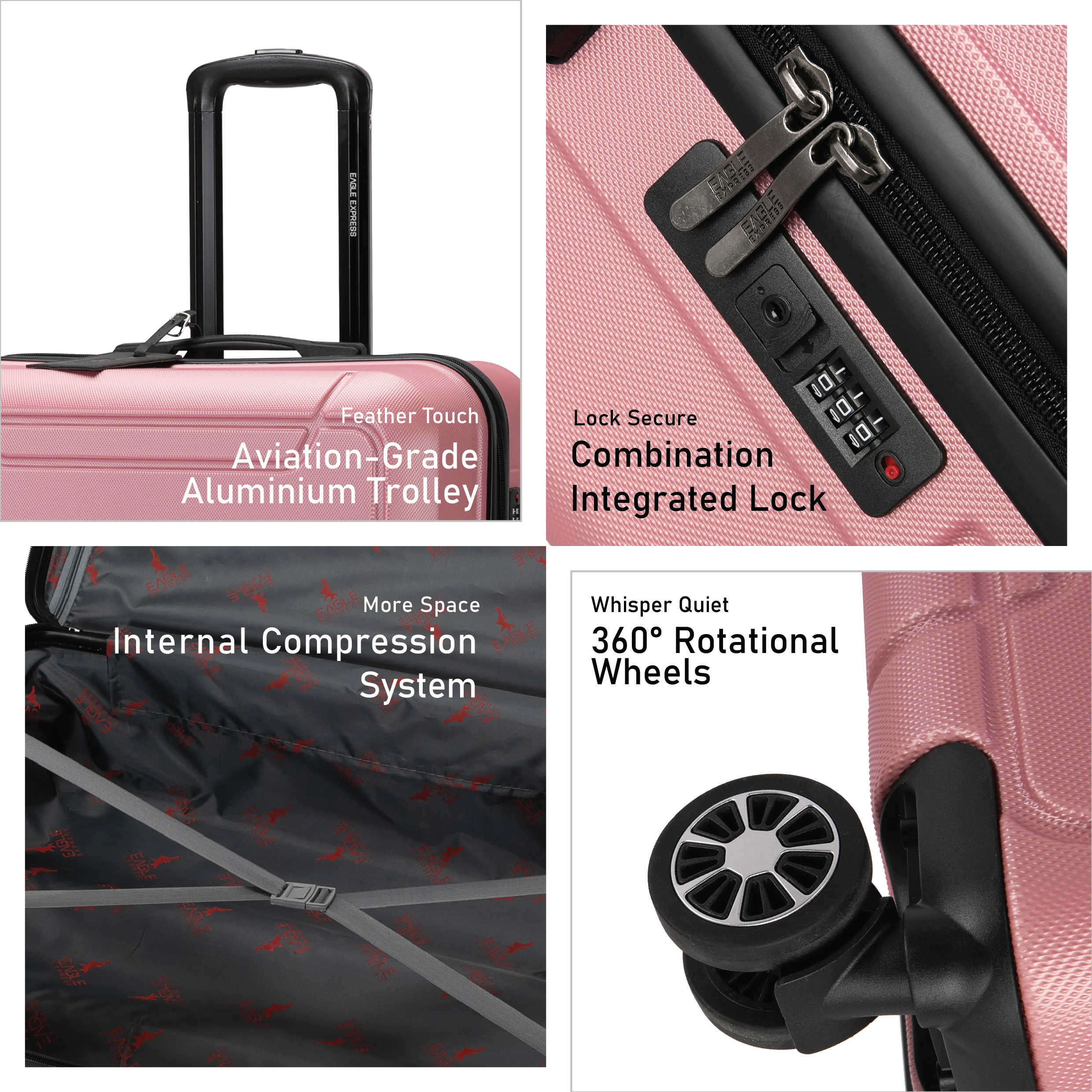 Eagle Express Defender ABS Hard Trolley Lightweight Expandable Luggage Trolley 3 Piece Set Rose Pink - Image 3