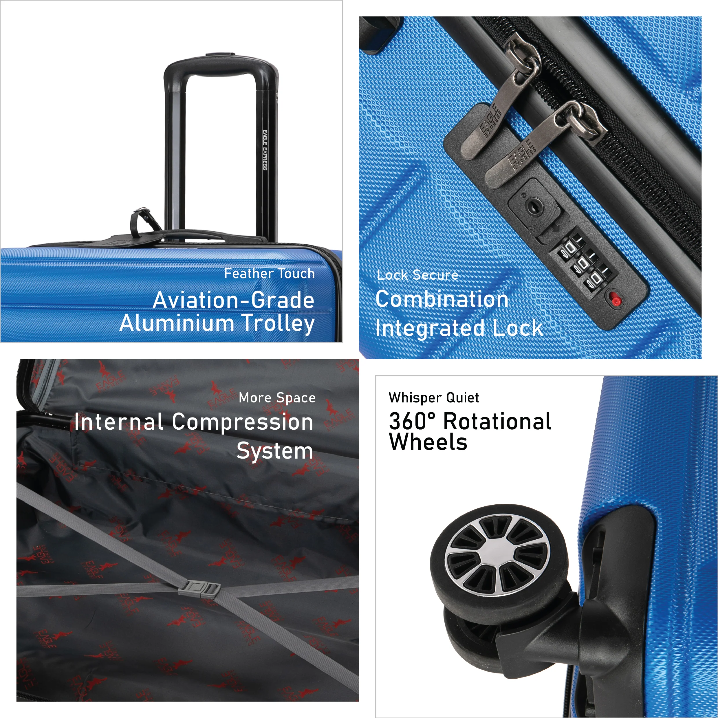 Eagle Express Eagle-Wood ABS Hard Trolley Lightweight Expandable Luggage Trolley 3 Piece Set - Royal Blue - Image 3