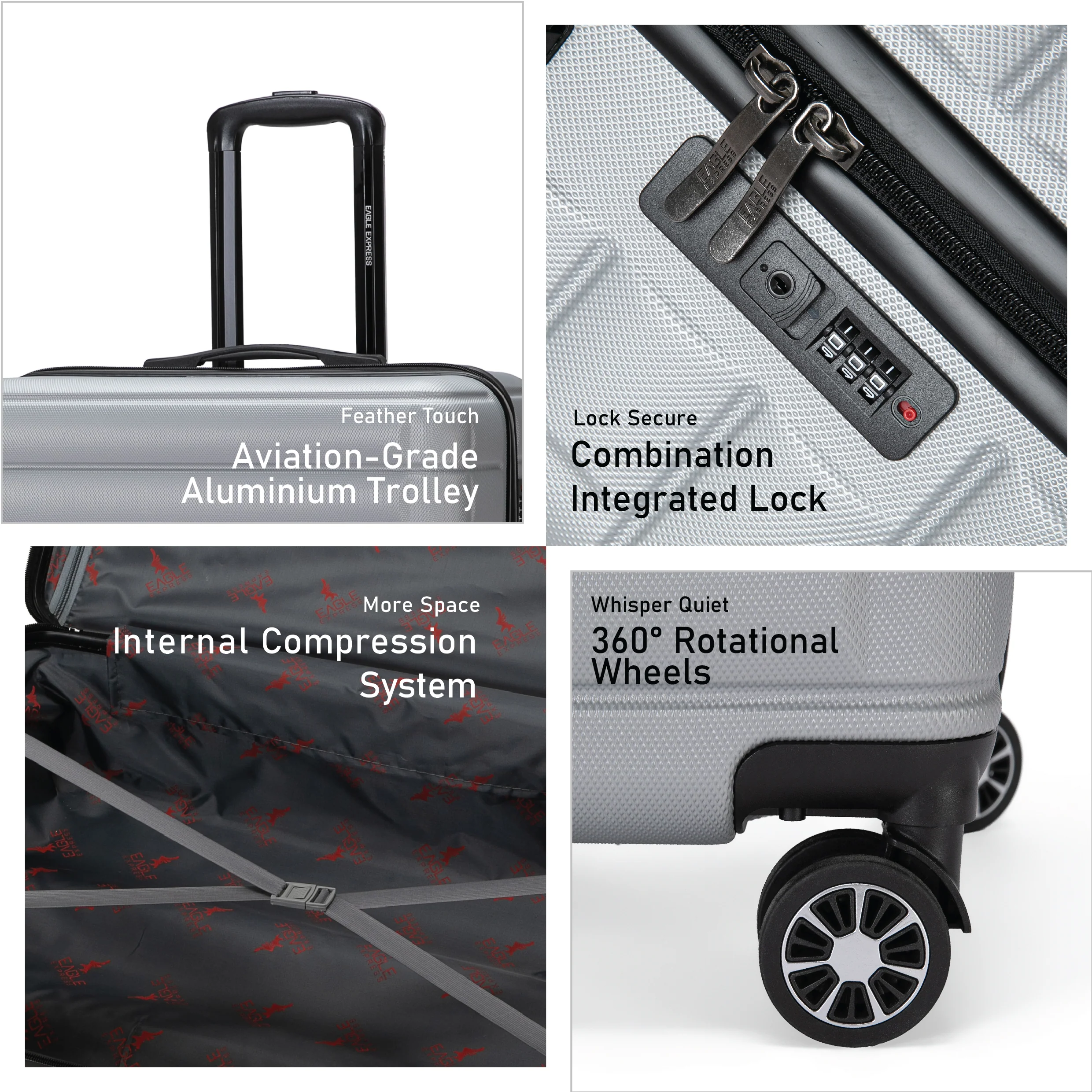 Eagle Express Eagle-Wood ABS Hard Trolley Lightweight Expandable Luggage Trolley 3 Piece Set - Silver - Image 3