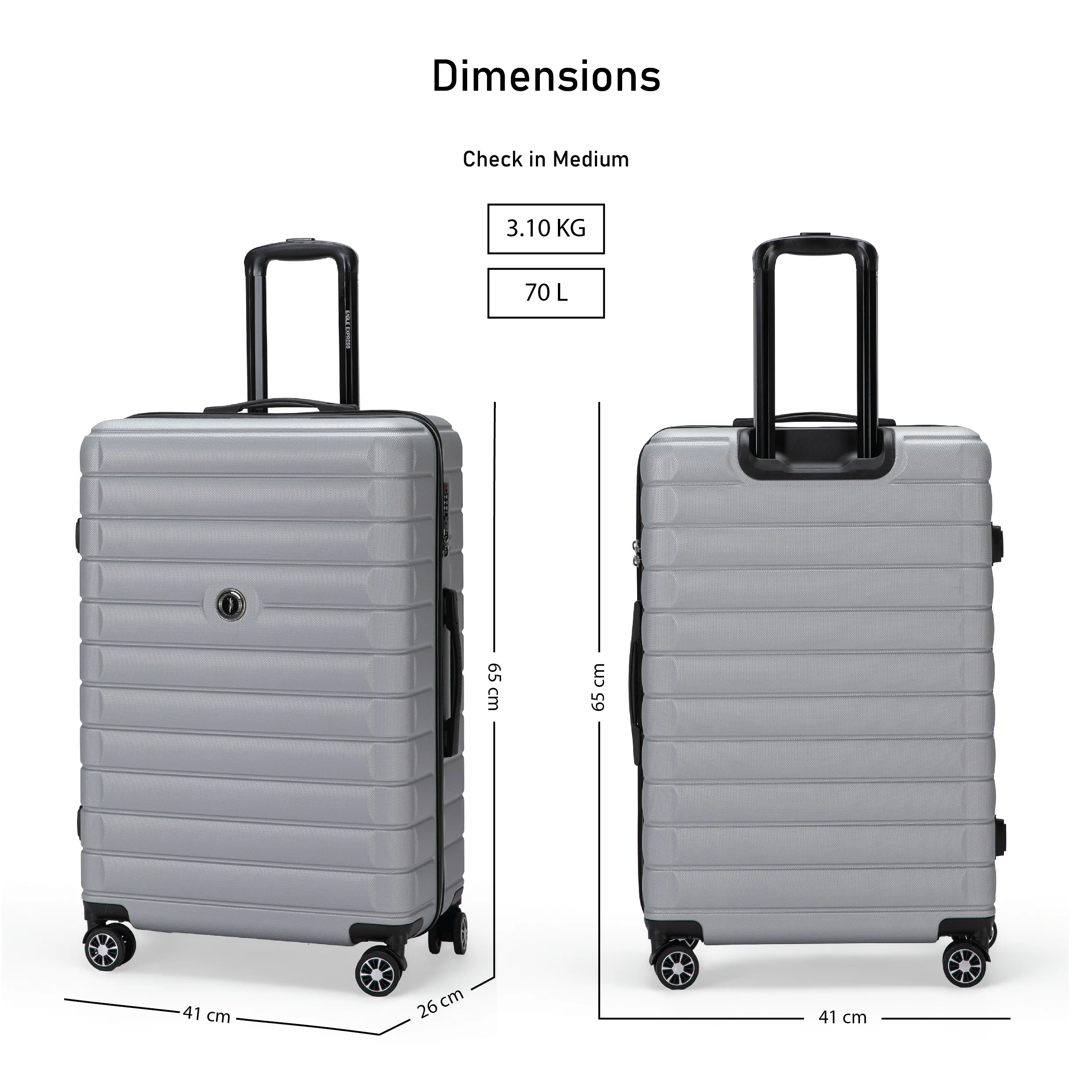 Eagle Express Eagle-Wood ABS Hard Trolley Lightweight Expandable Luggage Trolley 3 Piece Set - Silver - Image 5
