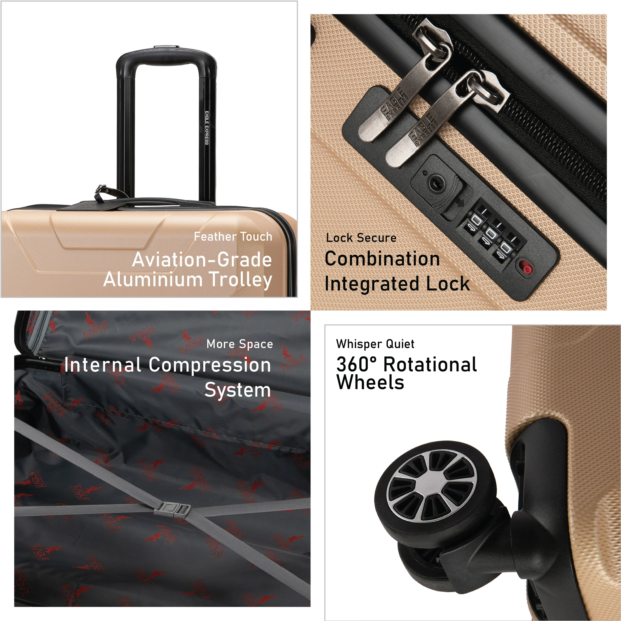 Eagle Express Expedition ABS Hard Trolley Lightweight Expandable Luggage Trolley 3 Piece Set - Gold - Image 3
