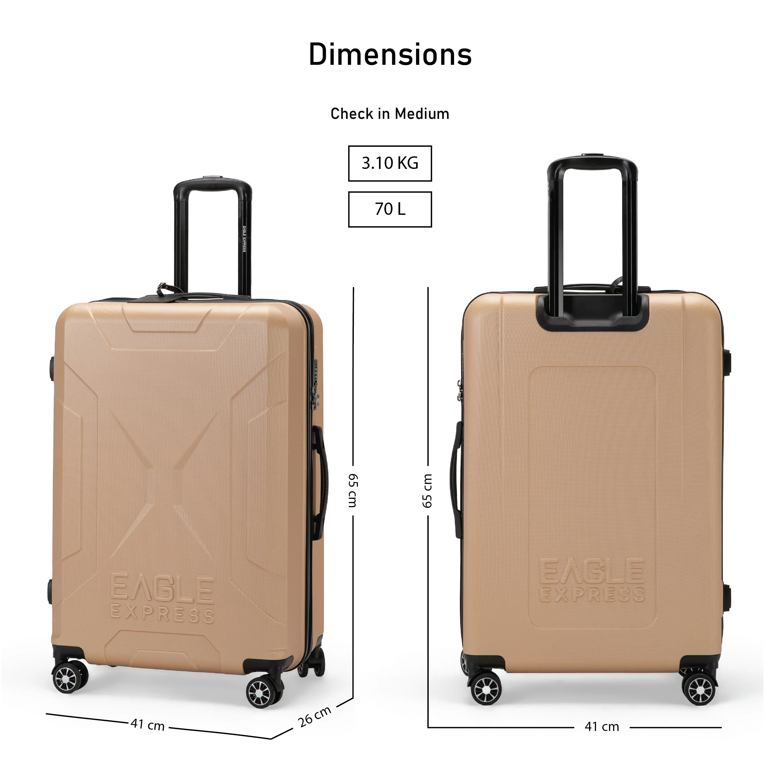 Eagle Express Expedition ABS Hard Trolley Lightweight Expandable Luggage Trolley 3 Piece Set - Gold - Image 6