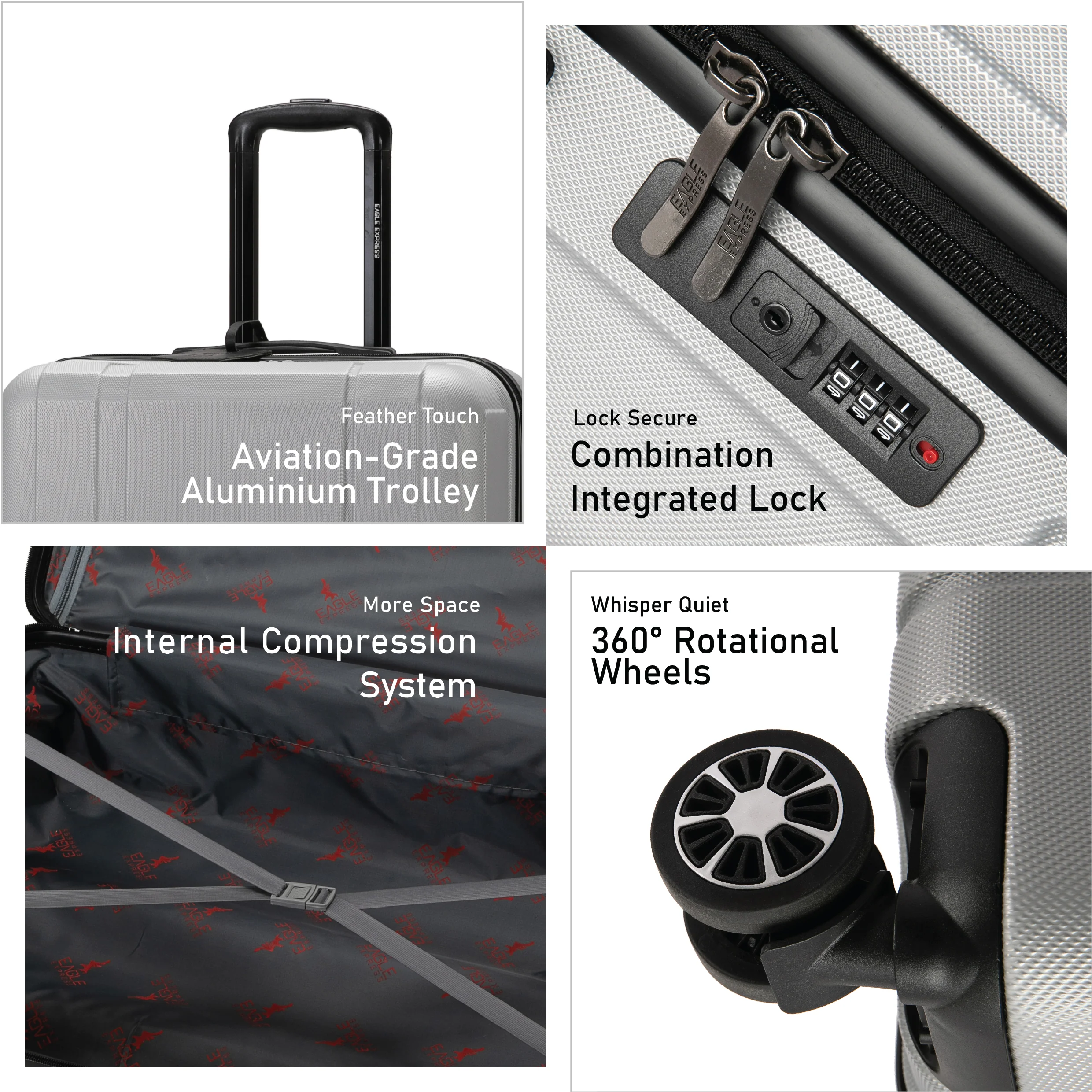 Eagle Express Patron ABS Hard Trolley Lightweight Expandable Luggage Trolley 3 Piece Set  - Silver - Image 2