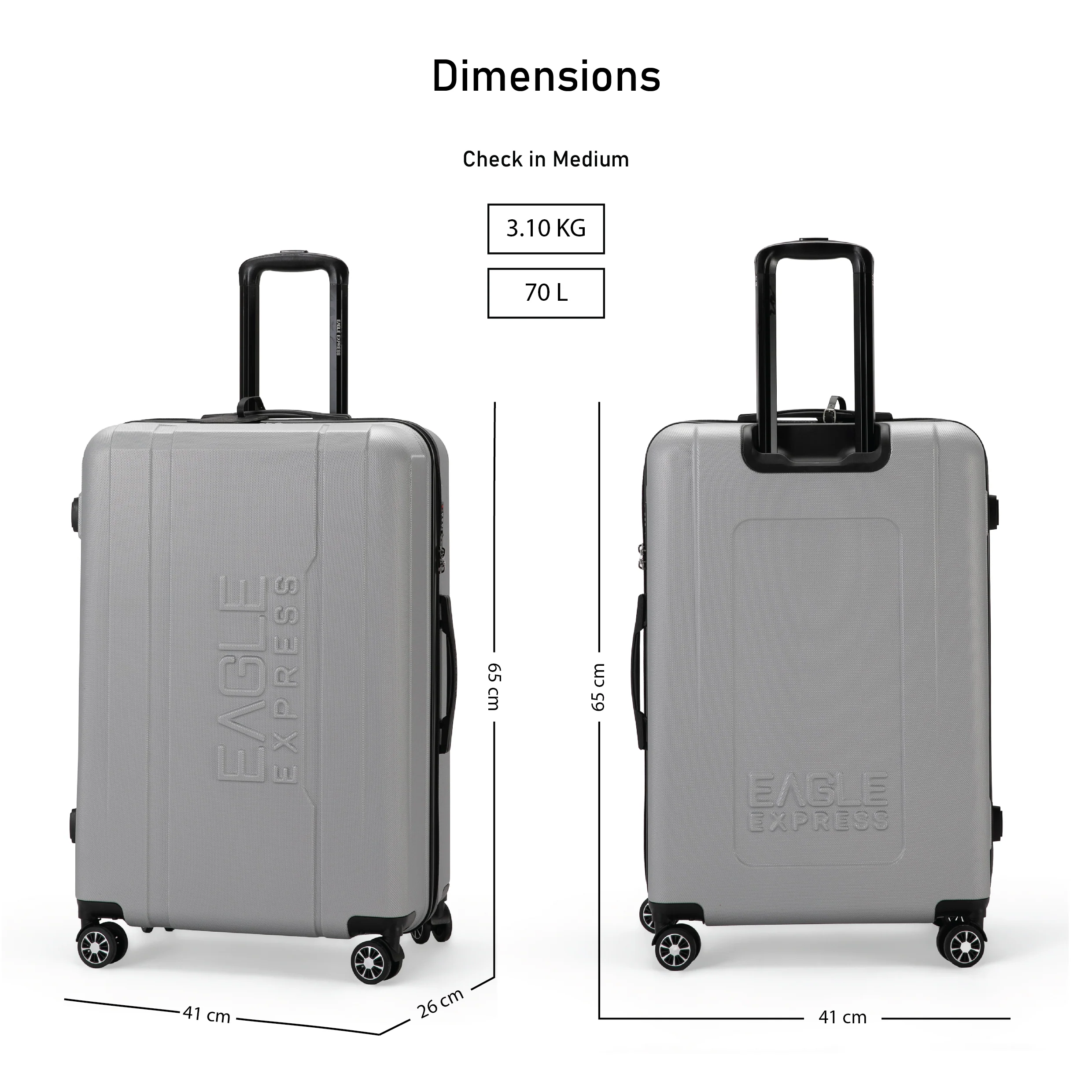 Eagle Express Patron ABS Hard Trolley Lightweight Expandable Luggage Trolley 3 Piece Set  - Silver - Image 5