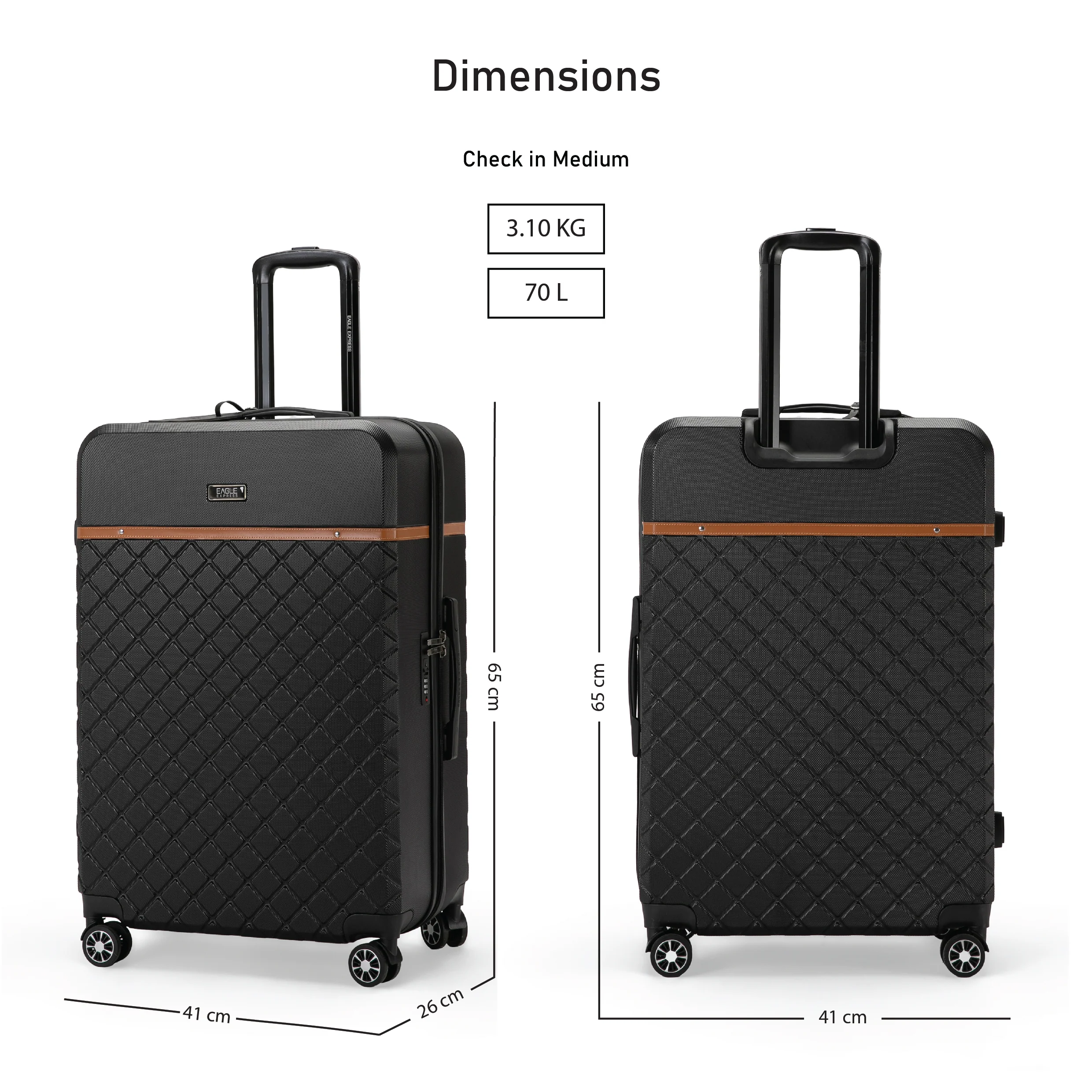 Eagle Express Royal Monarch ABS Hard Trolley Lightweight Expandable Luggage Trolley 3 Piece Set - Black - Image 3