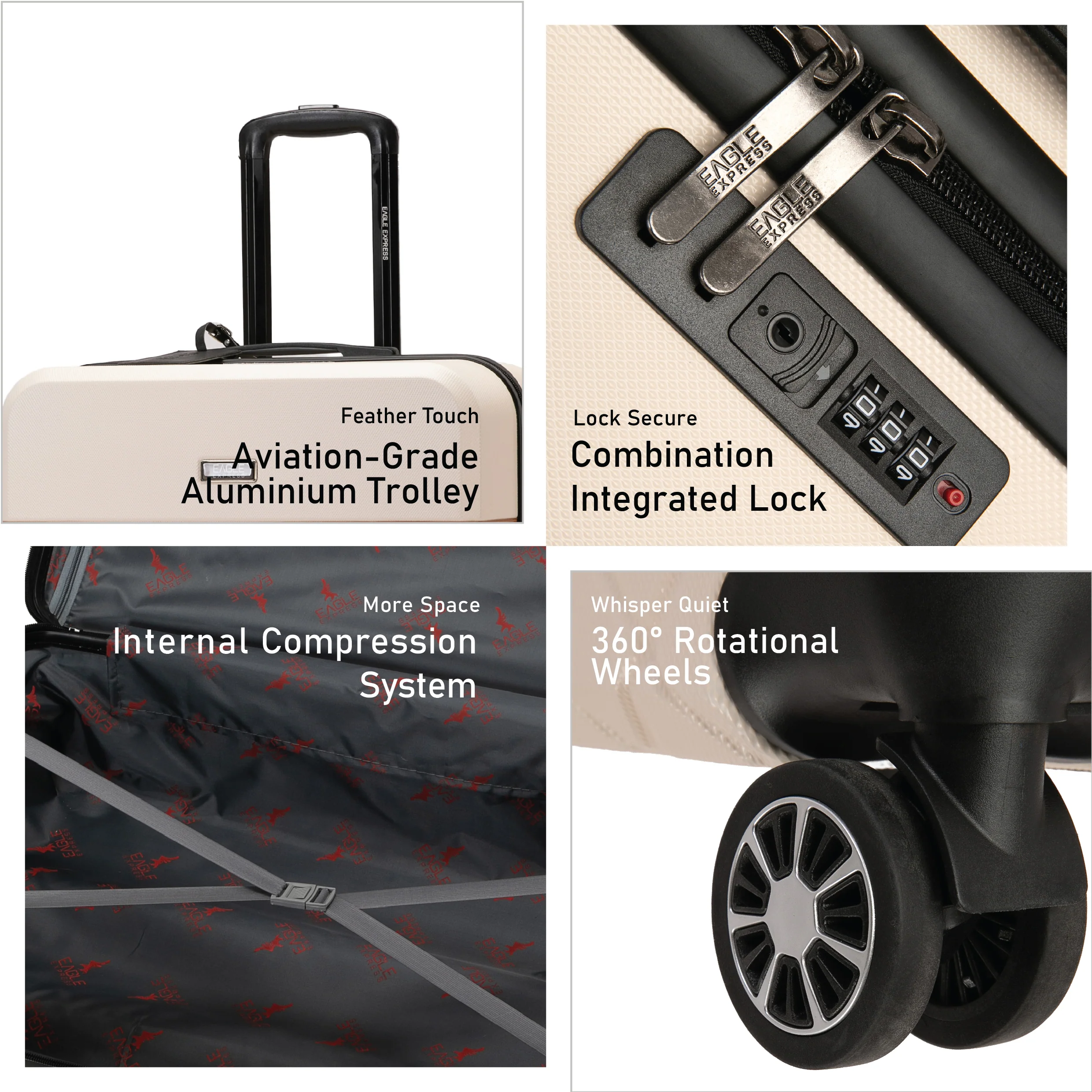 Eagle Express Royal Monarch ABS Hard Trolley Lightweight Expandable Luggage Trolley 3 Piece Set - Cream - Image 3