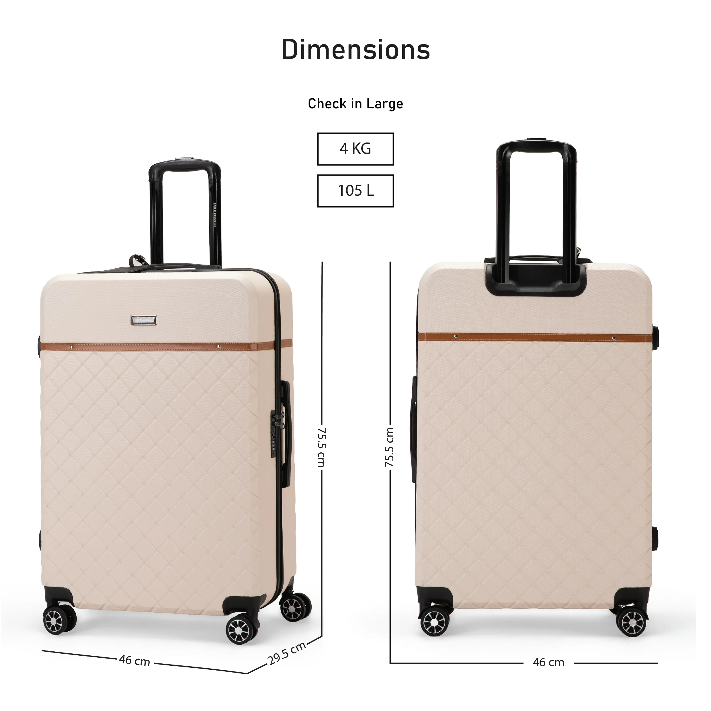 Eagle Express Royal Monarch ABS Hard Trolley Lightweight Expandable Luggage Trolley 3 Piece Set - Cream - Image 4