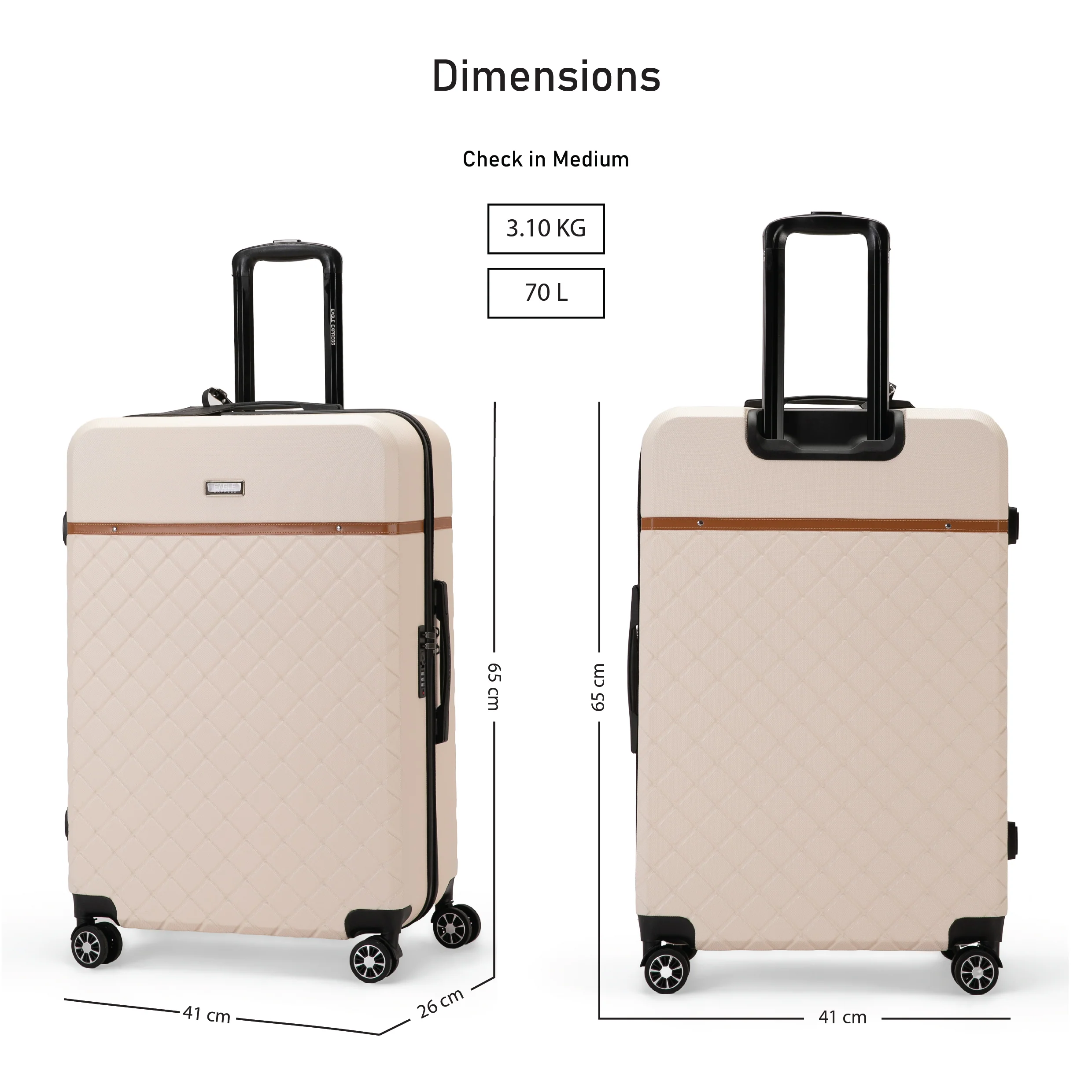 Eagle Express Royal Monarch ABS Hard Trolley Lightweight Expandable Luggage Trolley 3 Piece Set - Cream - Image 5
