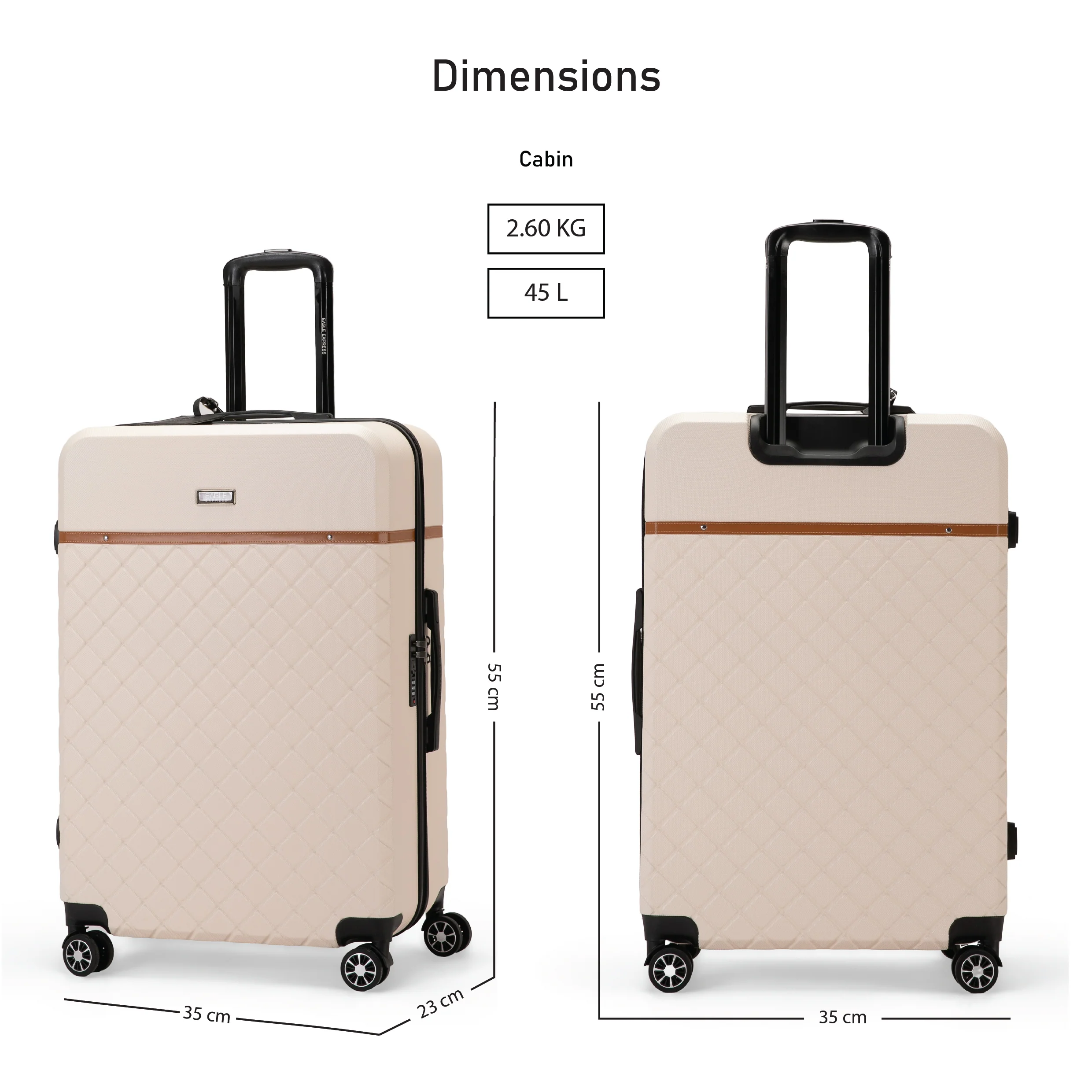 Eagle Express Royal Monarch ABS Hard Trolley Lightweight Expandable Luggage Trolley 3 Piece Set - Cream - Image 6