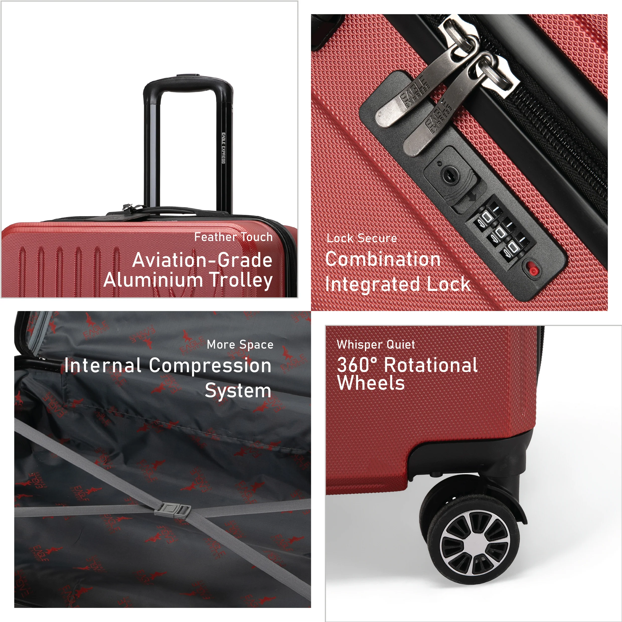 Eagle Express Superior ABS Hard Trolley Lightweight Expandable Luggage Trolley 3 Piece Set - Burgundy - Image 3
