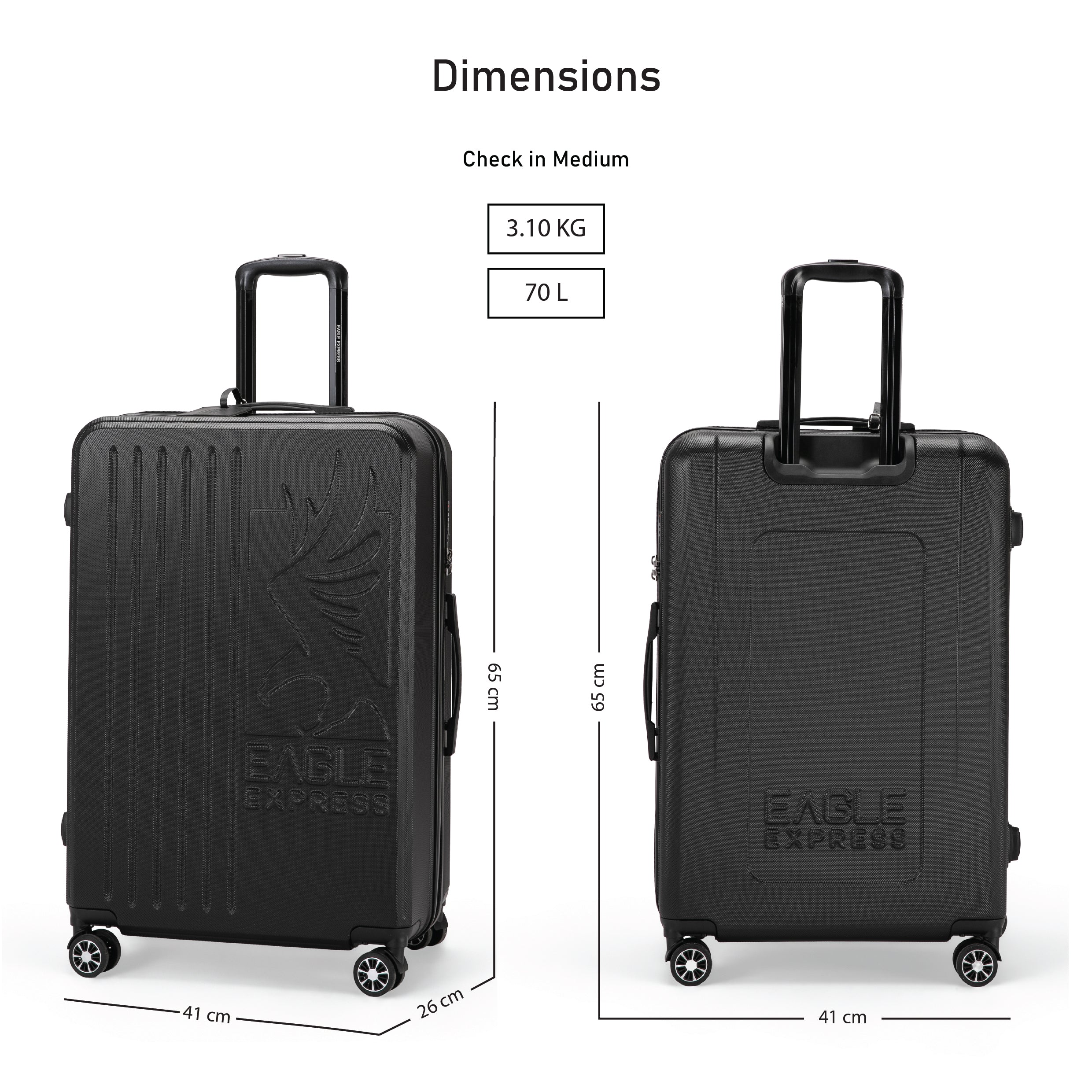 Eagle Express Superior ABS Hard Trolley Lightweight Expandable Luggage Trolley 3 Piece Set - Black - Image 5