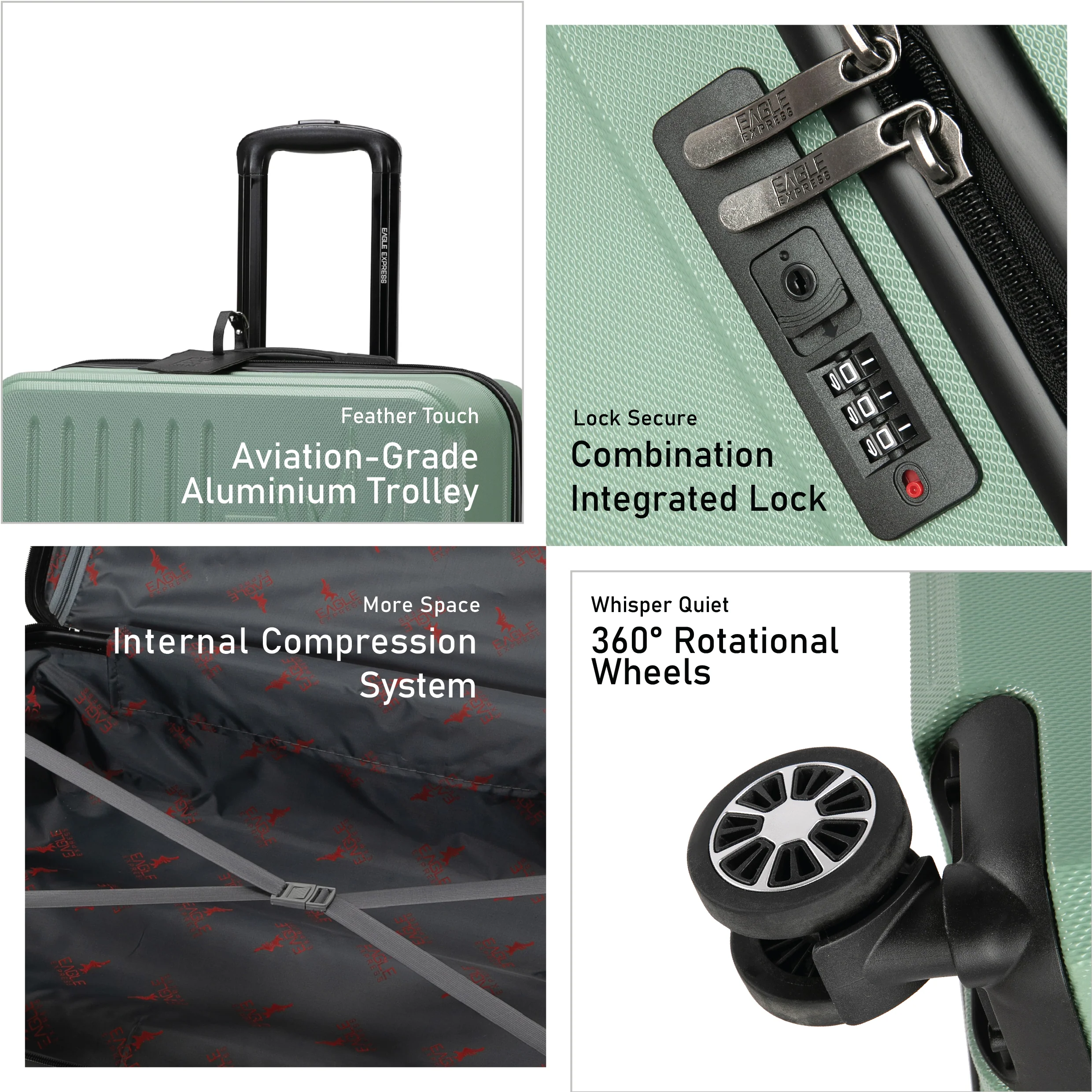 Eagle Express Superior ABS Hard Trolley Lightweight Expandable Luggage Trolley 3 Piece Set - Tea Green - Image 3
