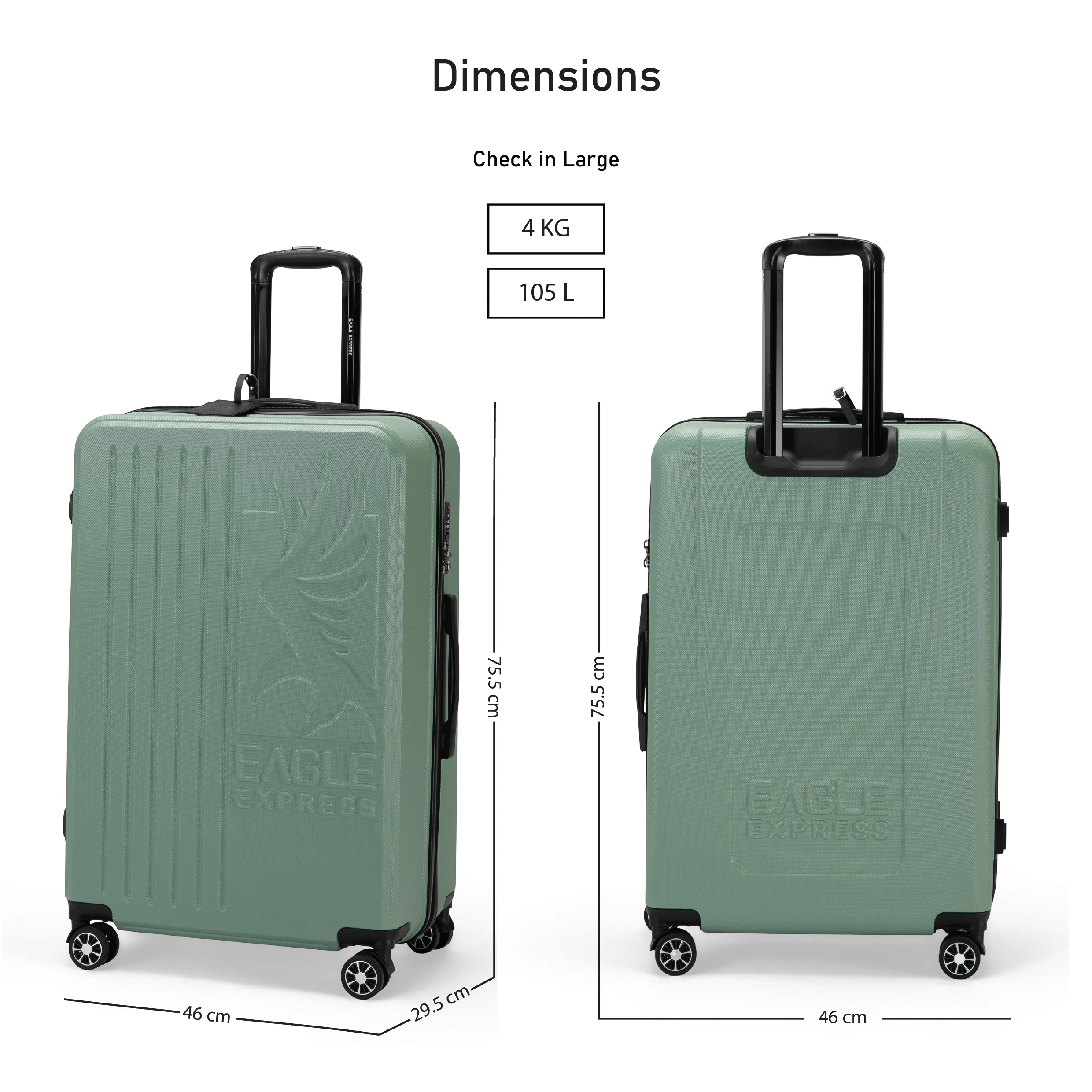 Eagle Express Superior ABS Hard Trolley Lightweight Expandable Luggage Trolley 3 Piece Set - Tea Green - Image 4