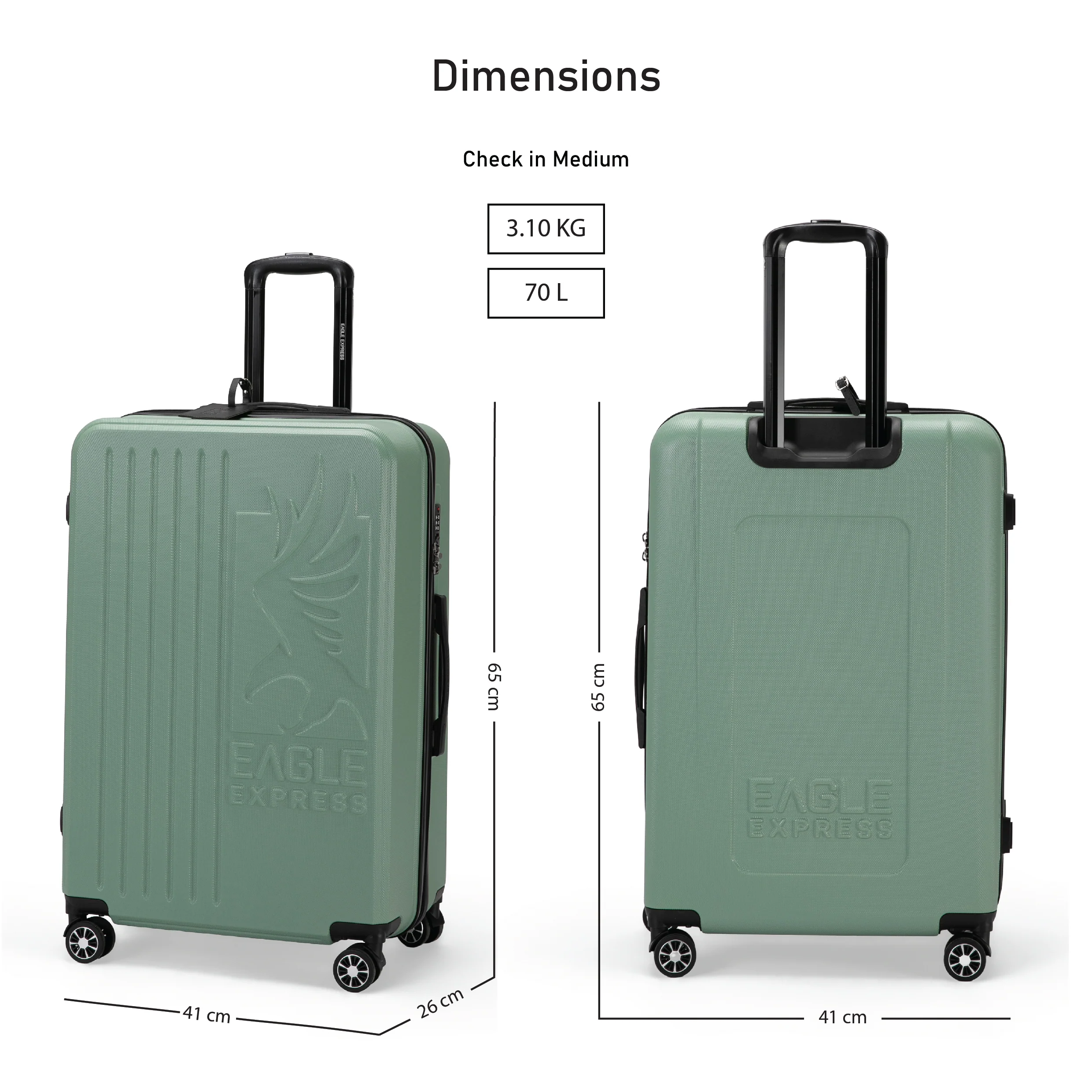 Eagle Express Superior ABS Hard Trolley Lightweight Expandable Luggage Trolley 3 Piece Set - Tea Green - Image 5