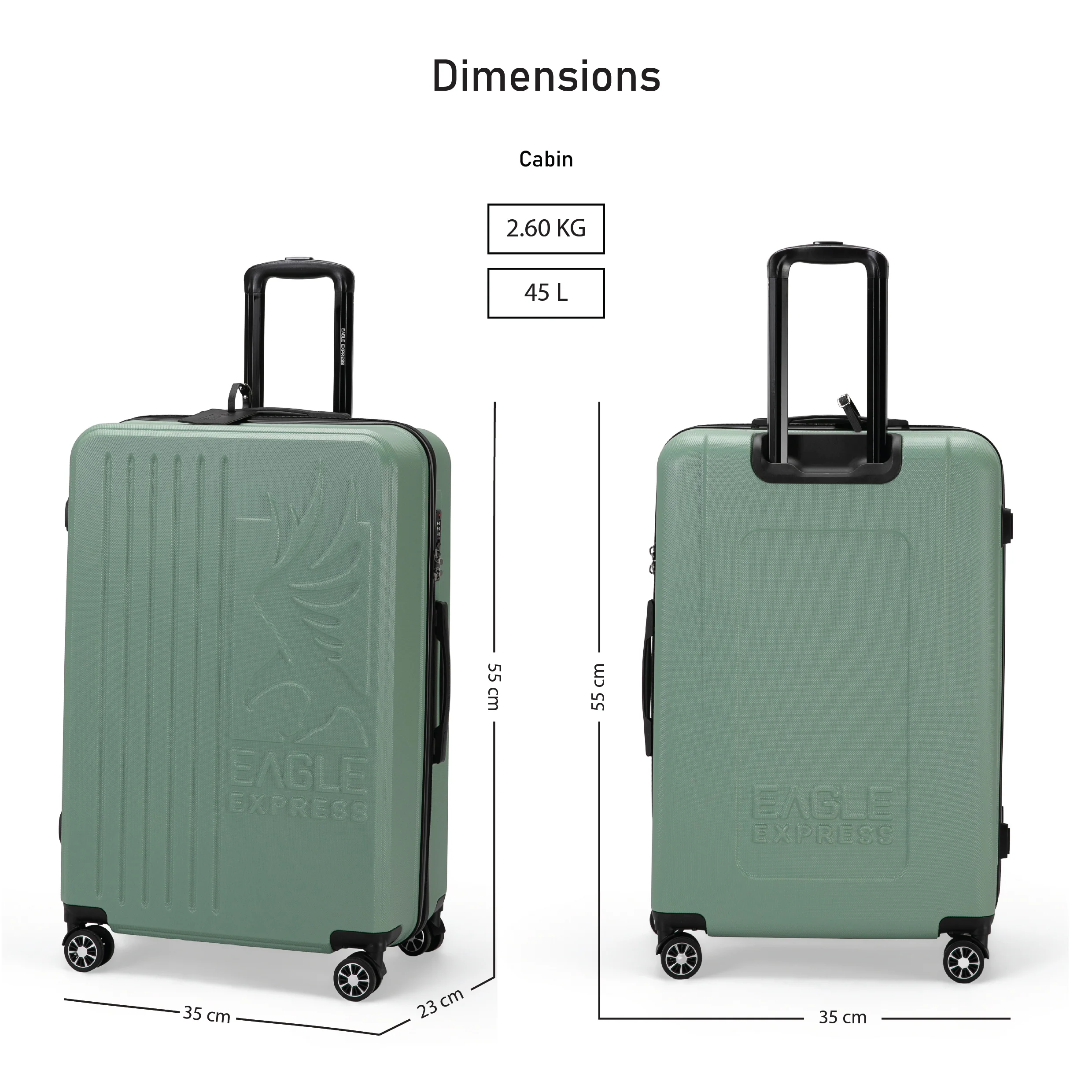 Eagle Express Superior ABS Hard Trolley Lightweight Expandable Luggage Trolley 3 Piece Set - Tea Green - Image 6