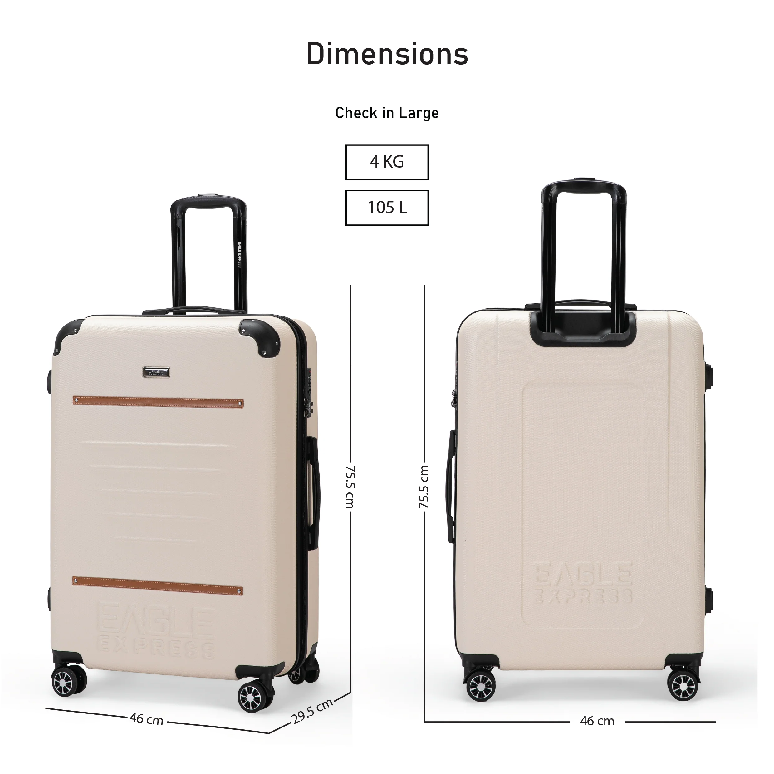 Eagle Express Thames ABS Hard Trolley Lightweight Expandable Luggage Trolley 3 Piece Set - Cream - Image 3