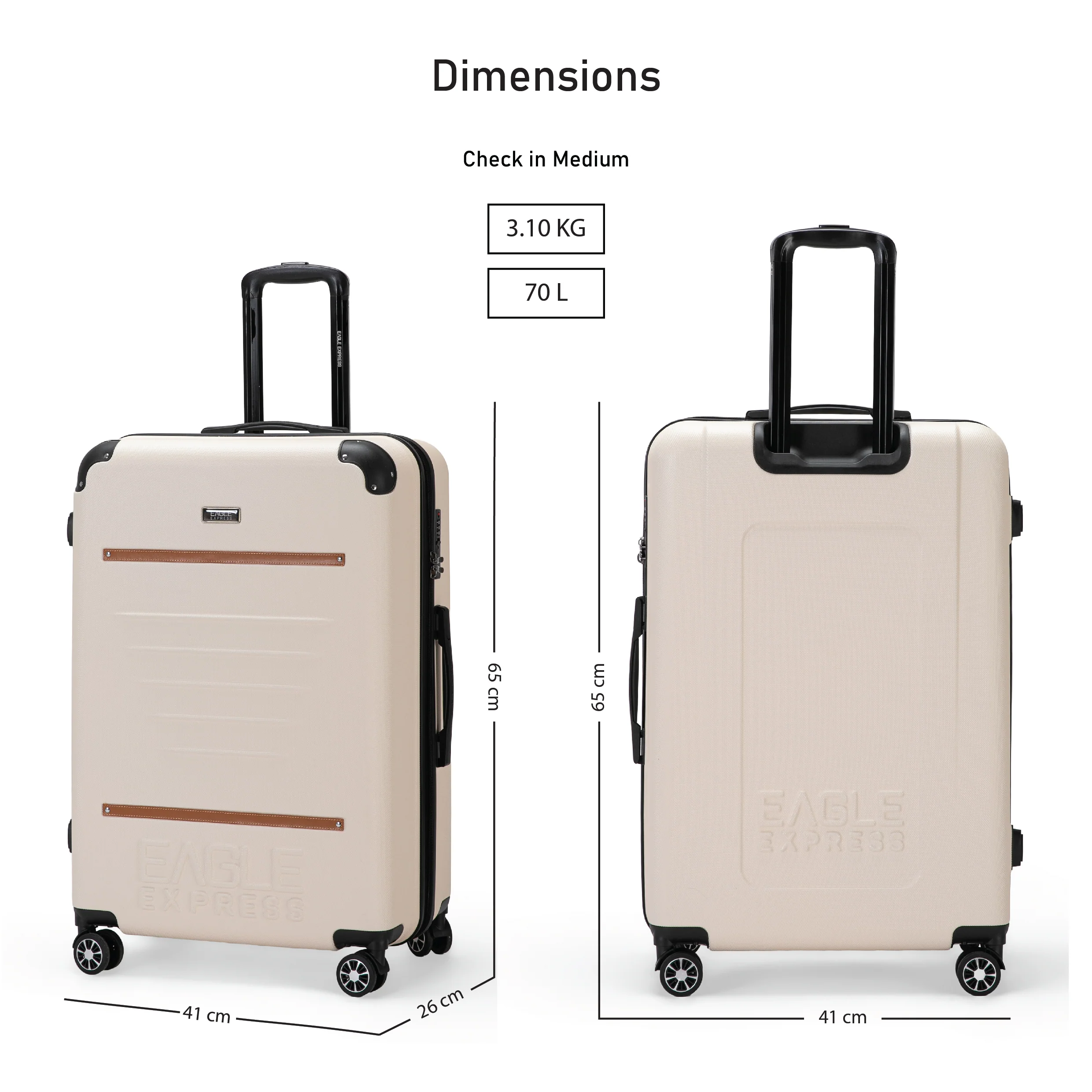Eagle Express Thames ABS Hard Trolley Lightweight Expandable Luggage Trolley 3 Piece Set - Cream - Image 4