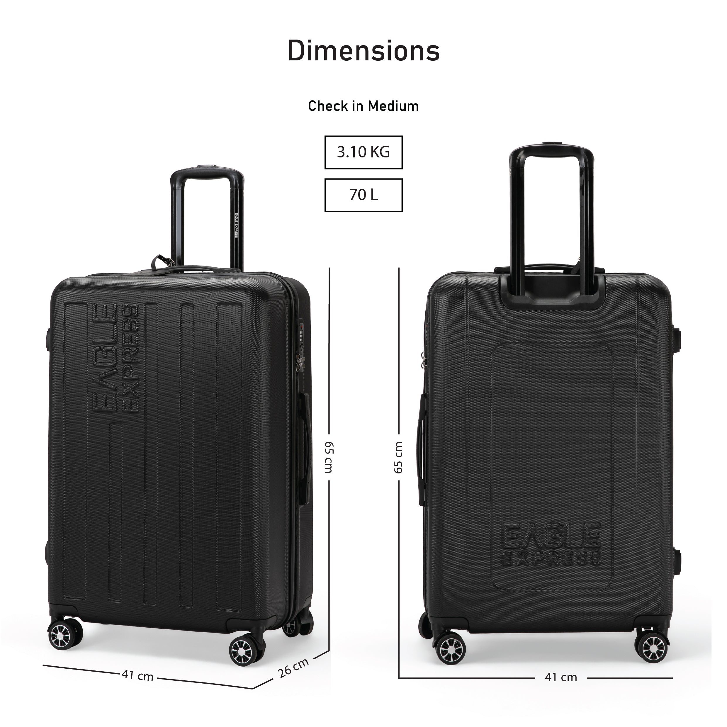 Eagle Express Venture ABS Hard Trolley Lightweight Expandable Luggage Trolley 3 Piece Set - Black - Image 4