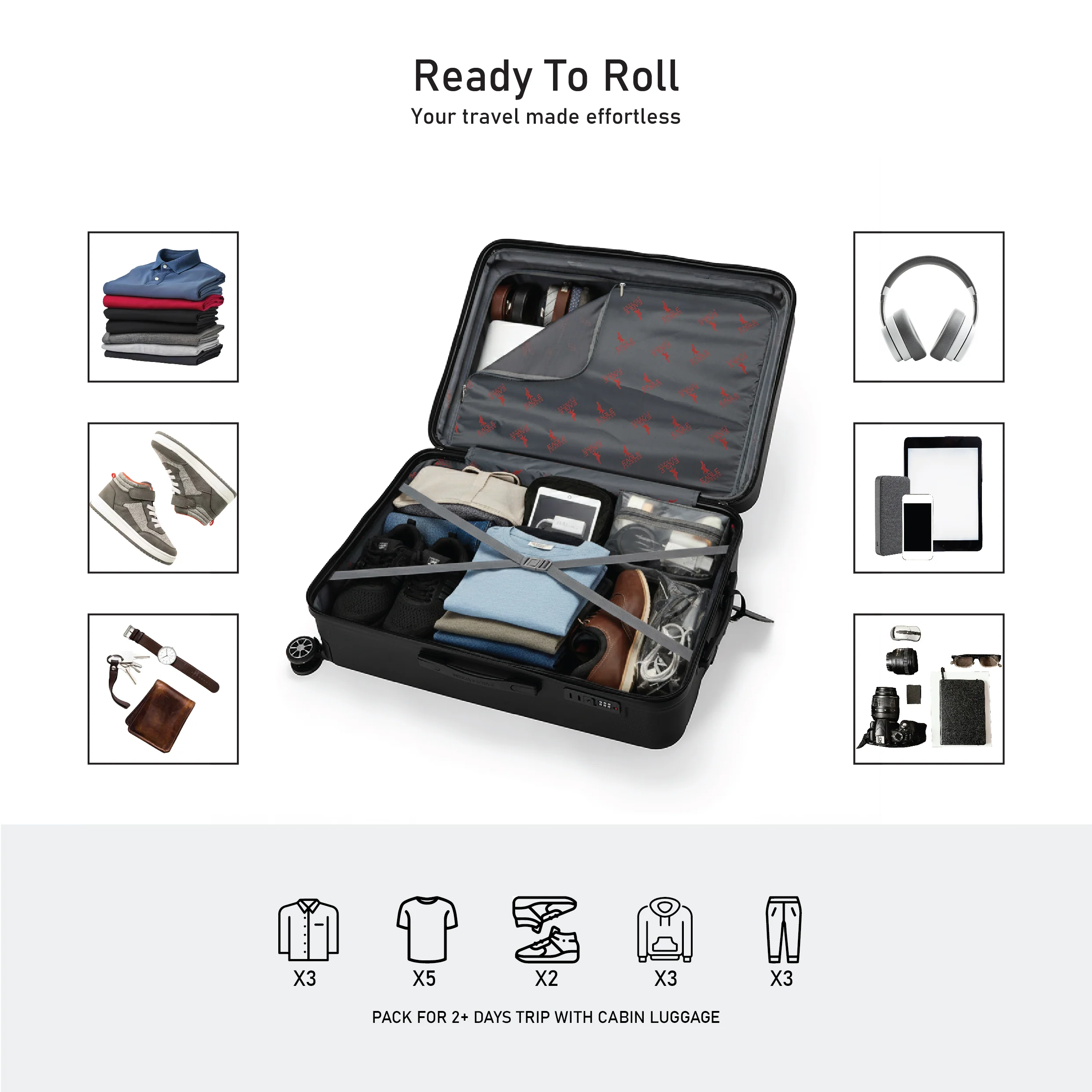 Eagle Express Venture ABS Hard Trolley Lightweight Expandable Luggage Trolley 3 Piece Set - Black - Image 7