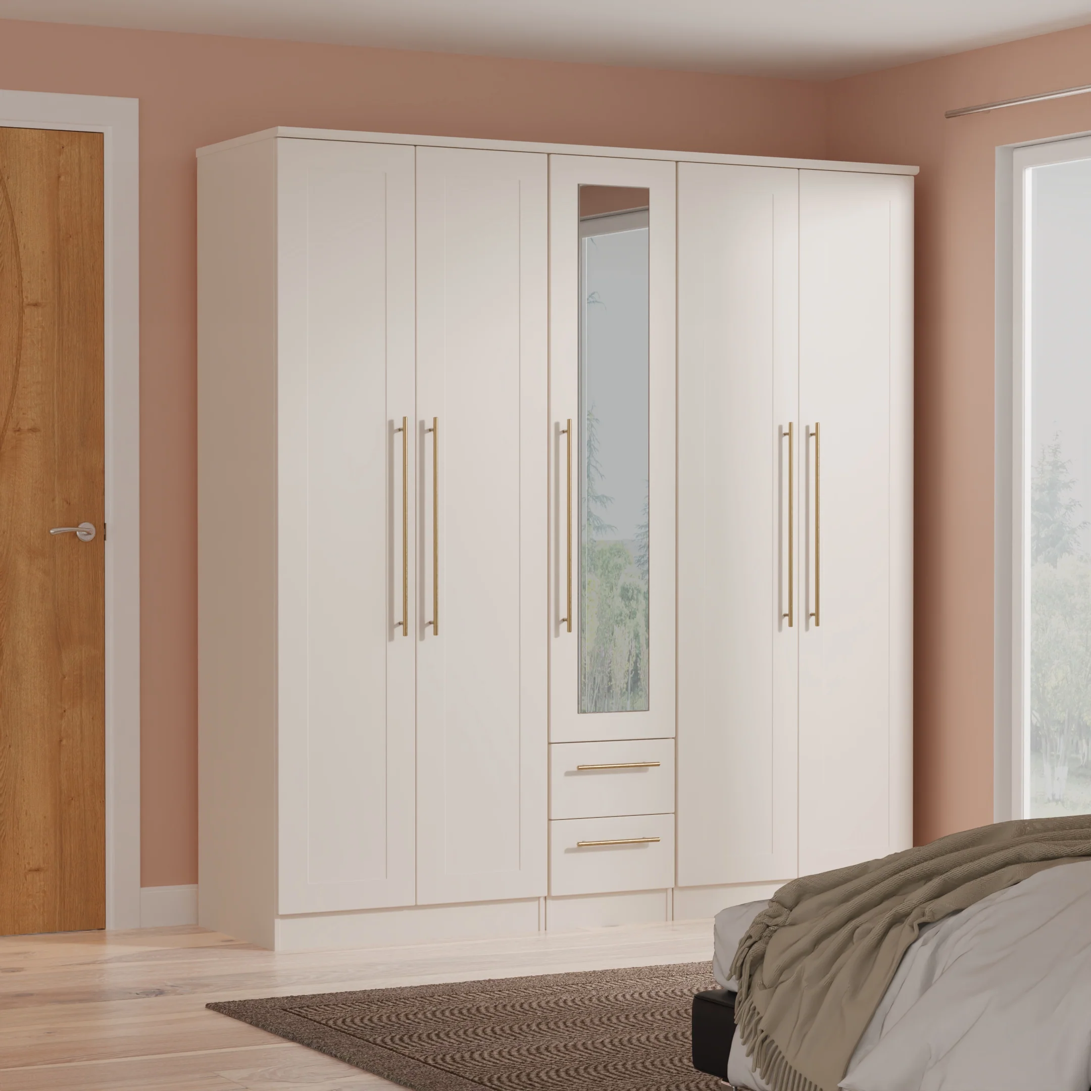 Ealing Ready Assembled Tall 5 Door 2 Drawer 1 Mirror Wardrobe in Kashmir Matt
