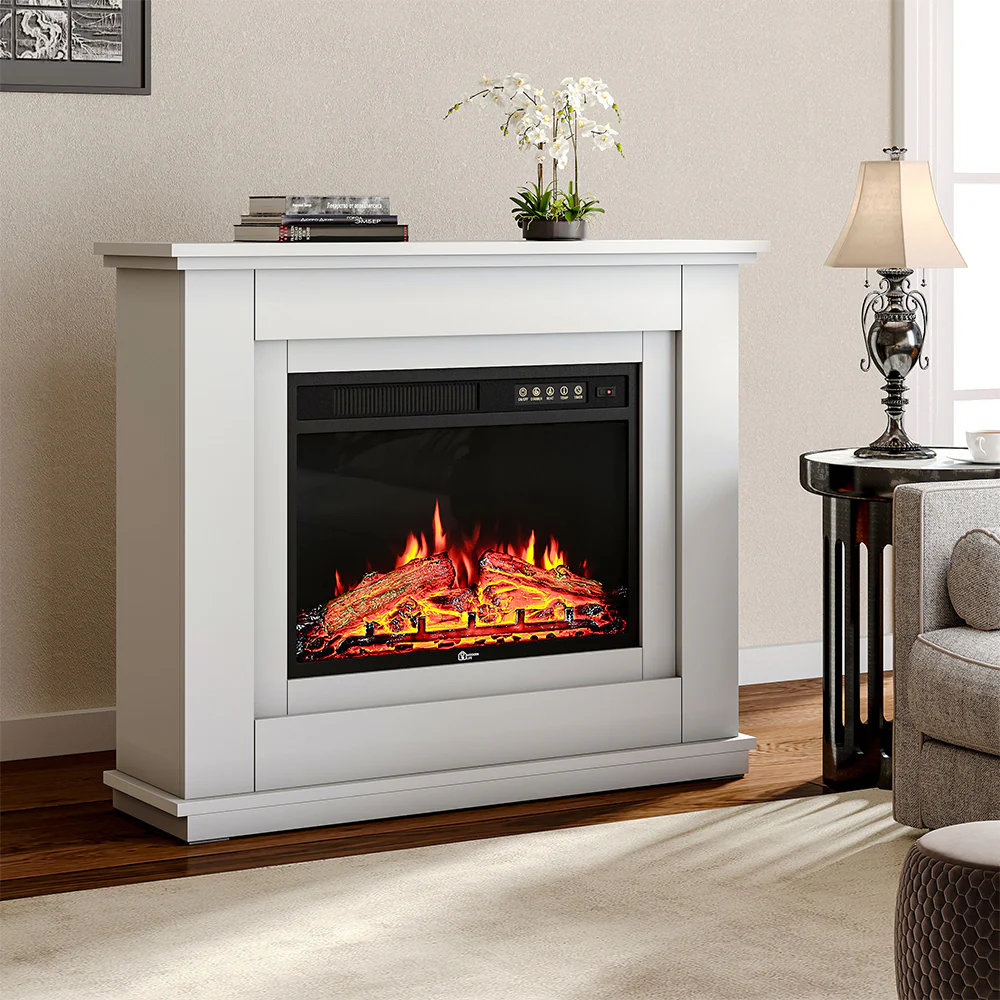 Electric Fireplace With White Wooden Mantel