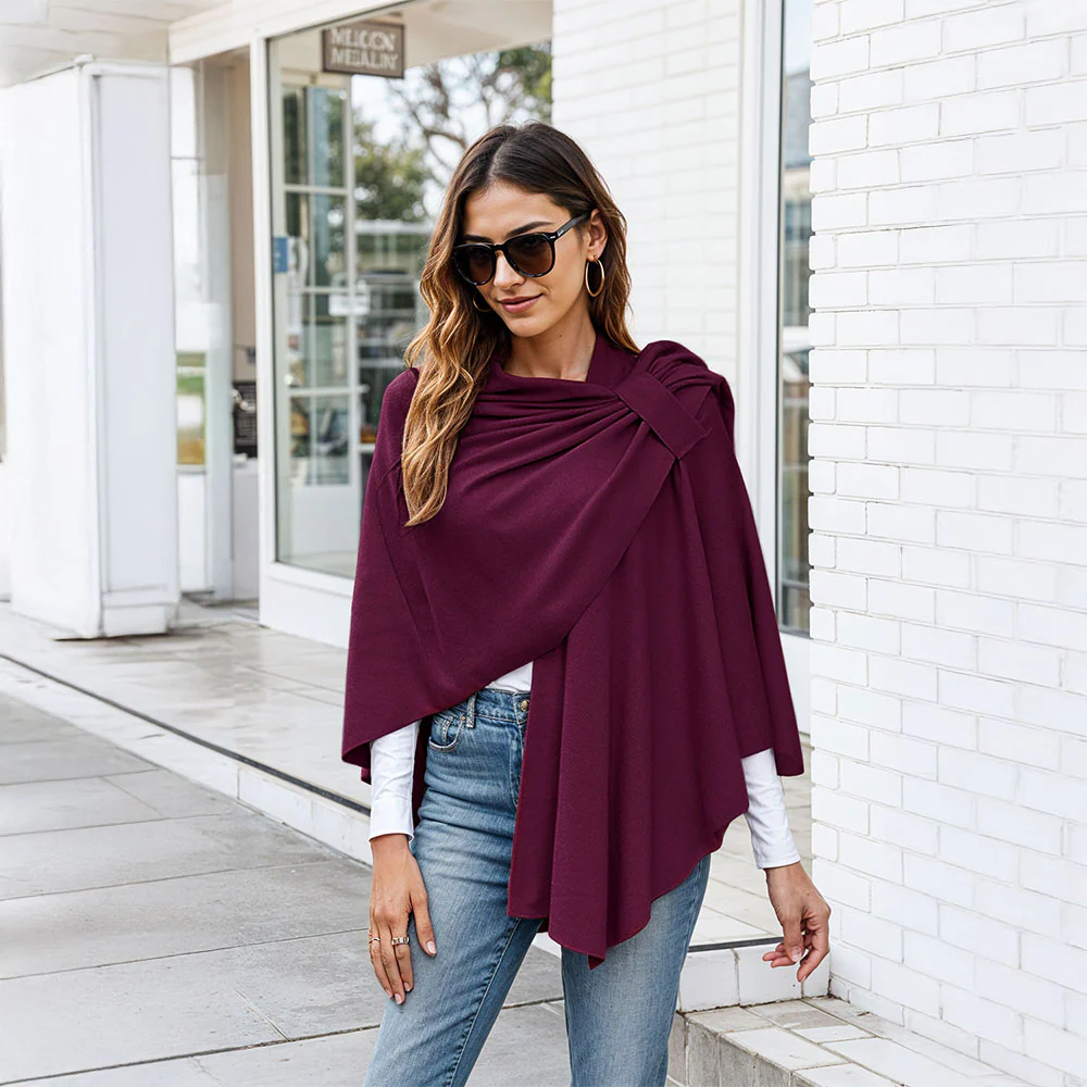 Elegant Cross Front Shawl Wrap Wine Red