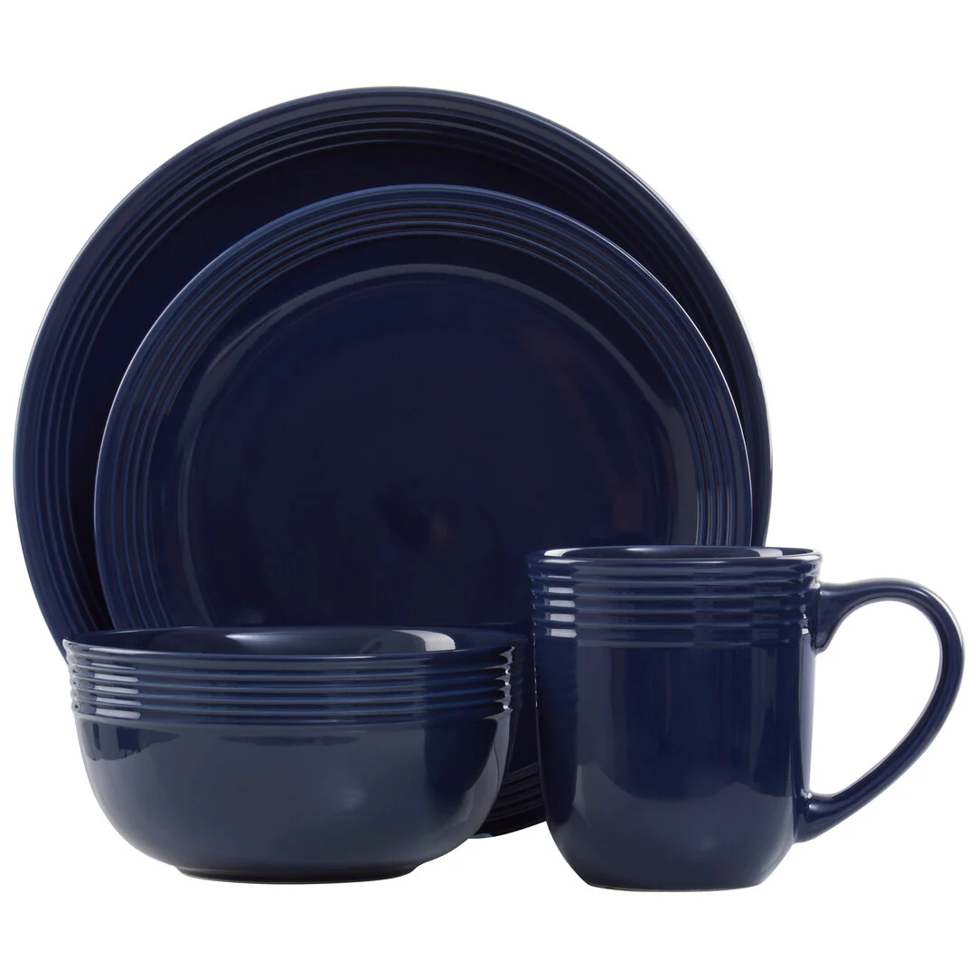 Elmira 16 Piece Dark Blue Stoneware Dinner Set With Grooves