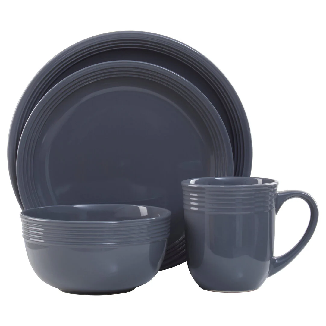 Elmira 16 Piece Dark Grey Stoneware Dinner Set With Grooves