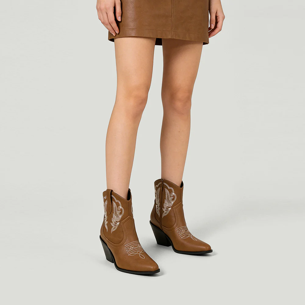 Embroidered Pointed Toe Cowboy Ankle Boots with Block Heel - Image 2