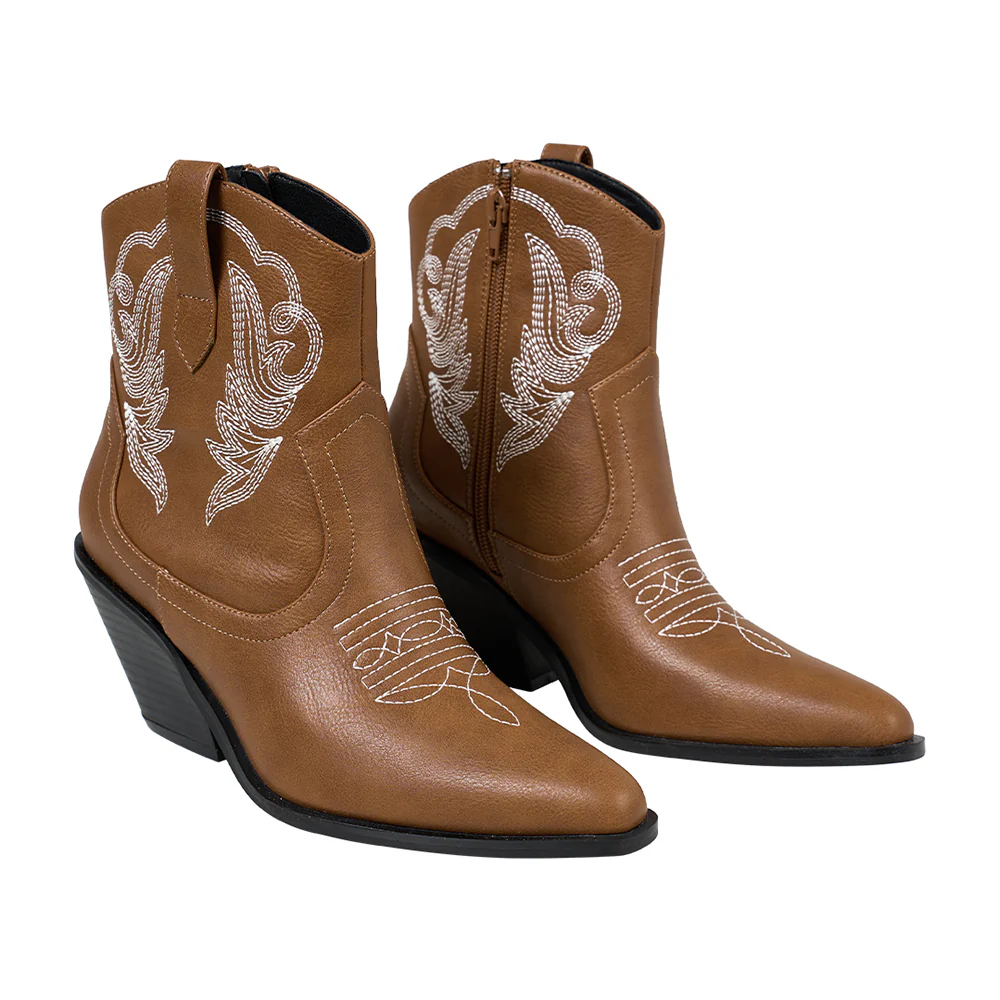 Embroidered Pointed Toe Cowboy Ankle Boots with Block Heel - Image 3