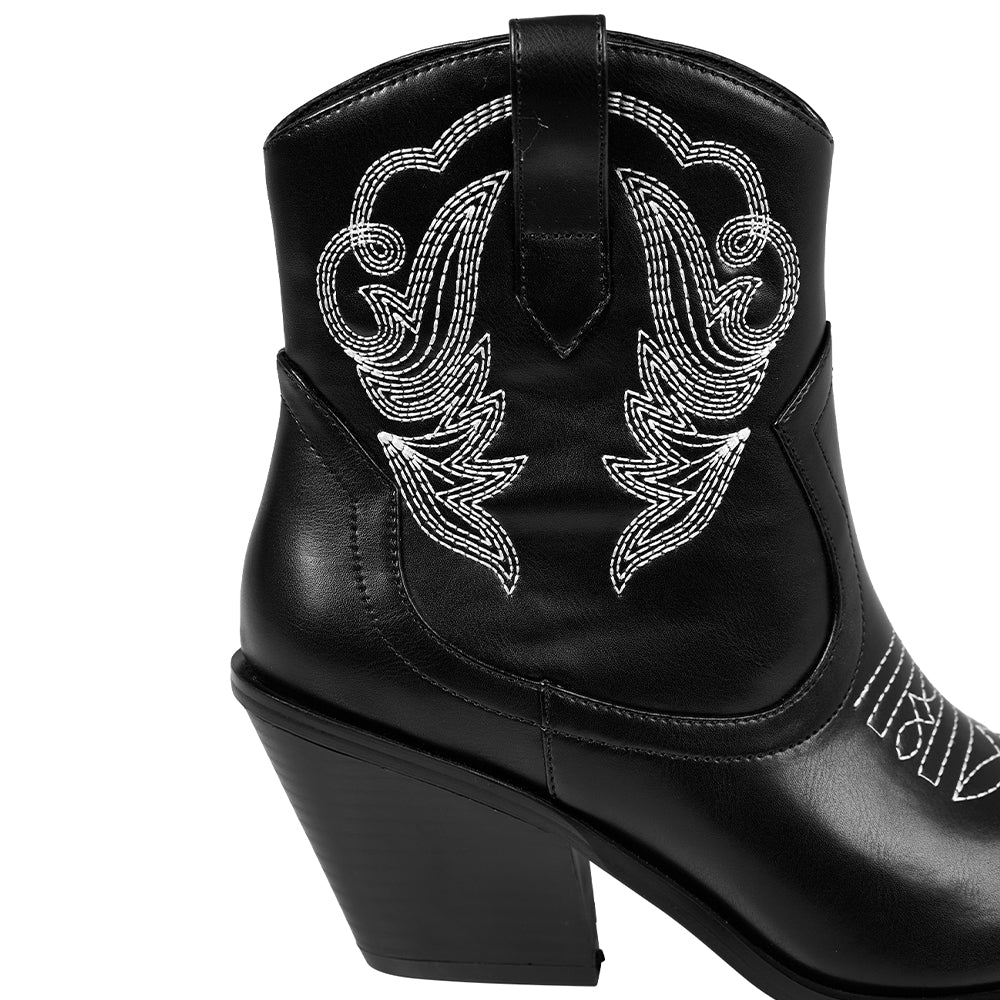 Embroidered Pointed Toe Cowboy Ankle Boots With Block Heel - Black - Image 5