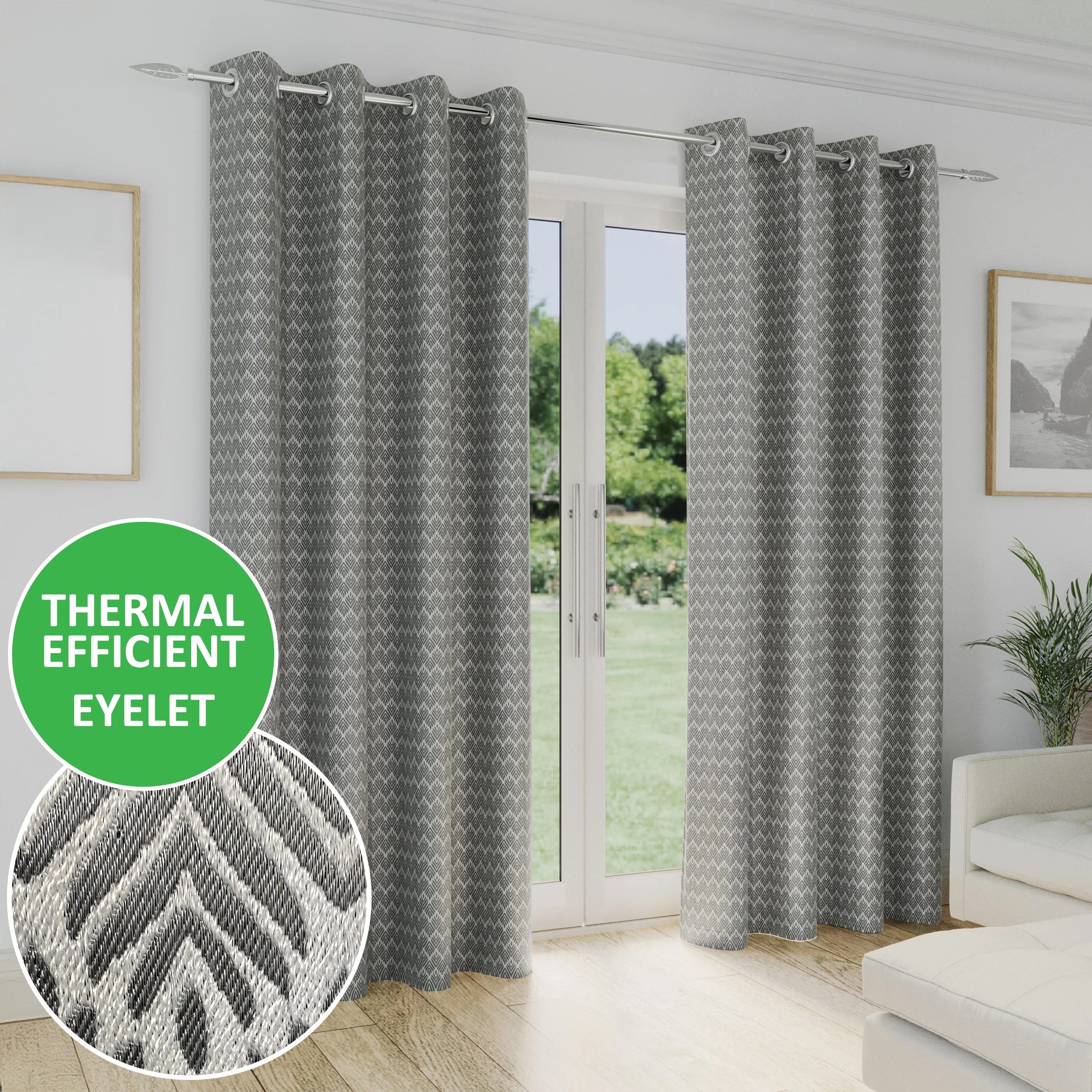 Enhanced Living Aspen Grey Chevron Pattern Eyelet Thermal Noise Reducing Room Darkening Curtains - Pair