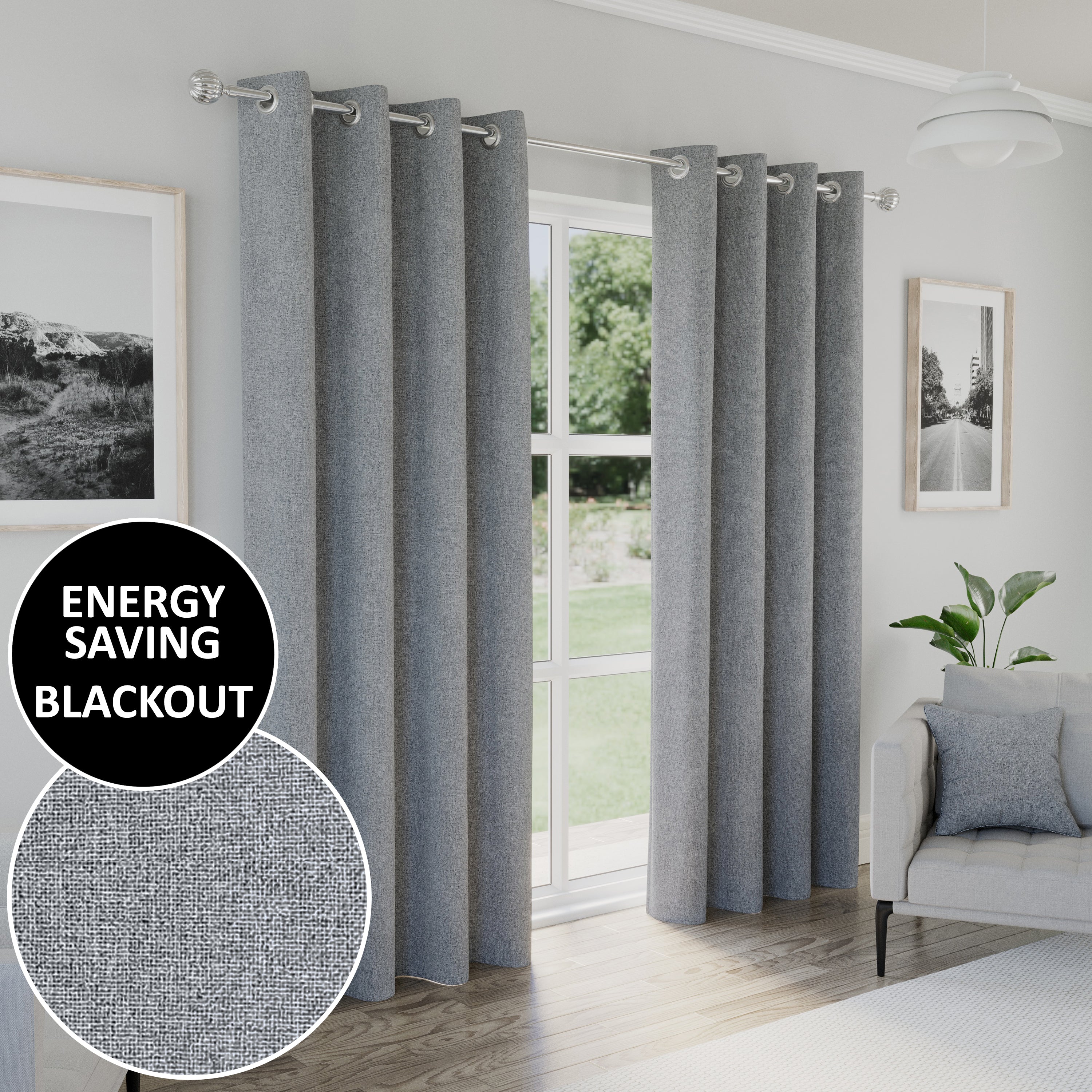 Enhanced Living Austin 100% Blackout, Thermal Grey Curtains With Eyelet Header - Pair