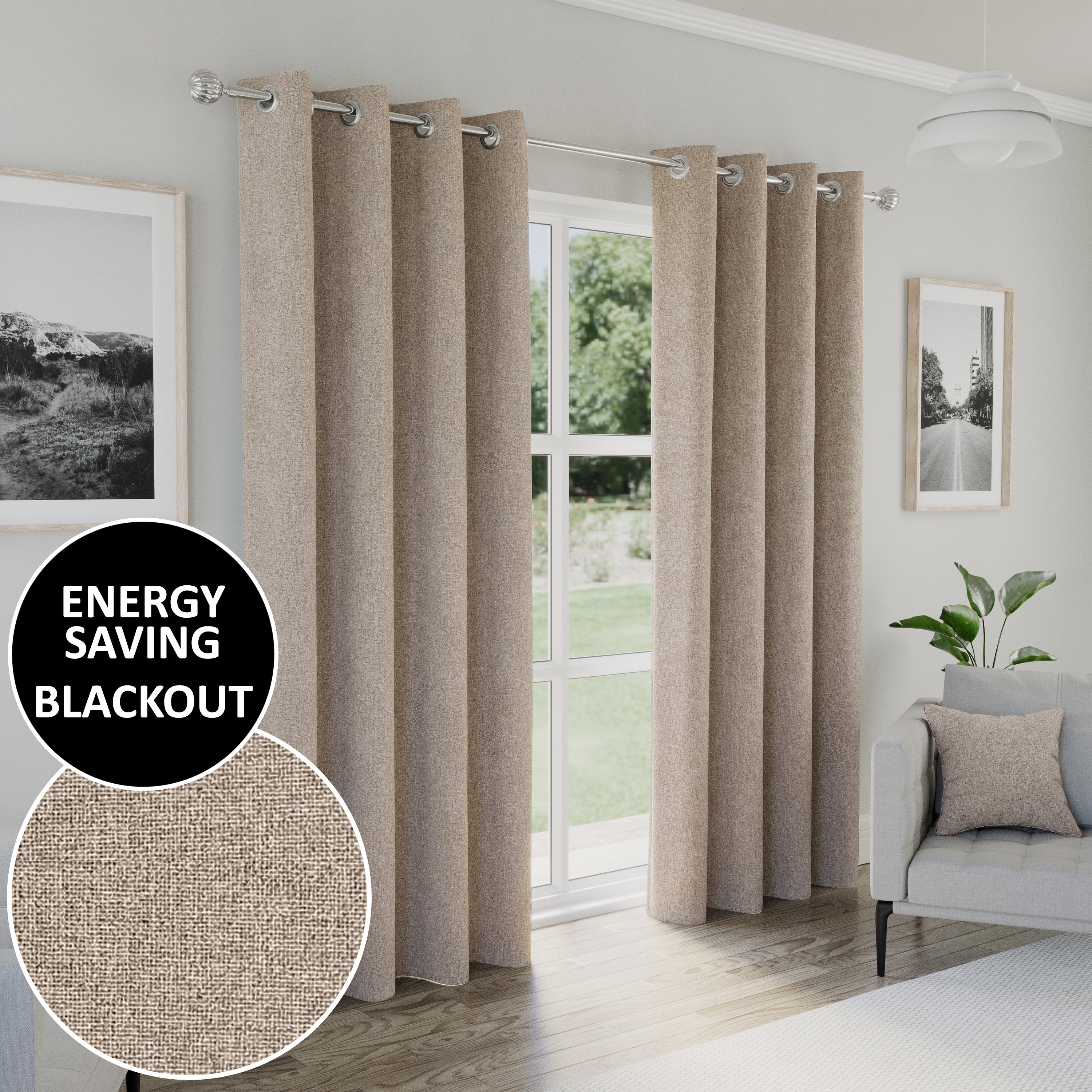 Enhanced Living Austin 100% Blackout, Thermal Natural Cream/Beige Curtains With Eyelet Header - Pair